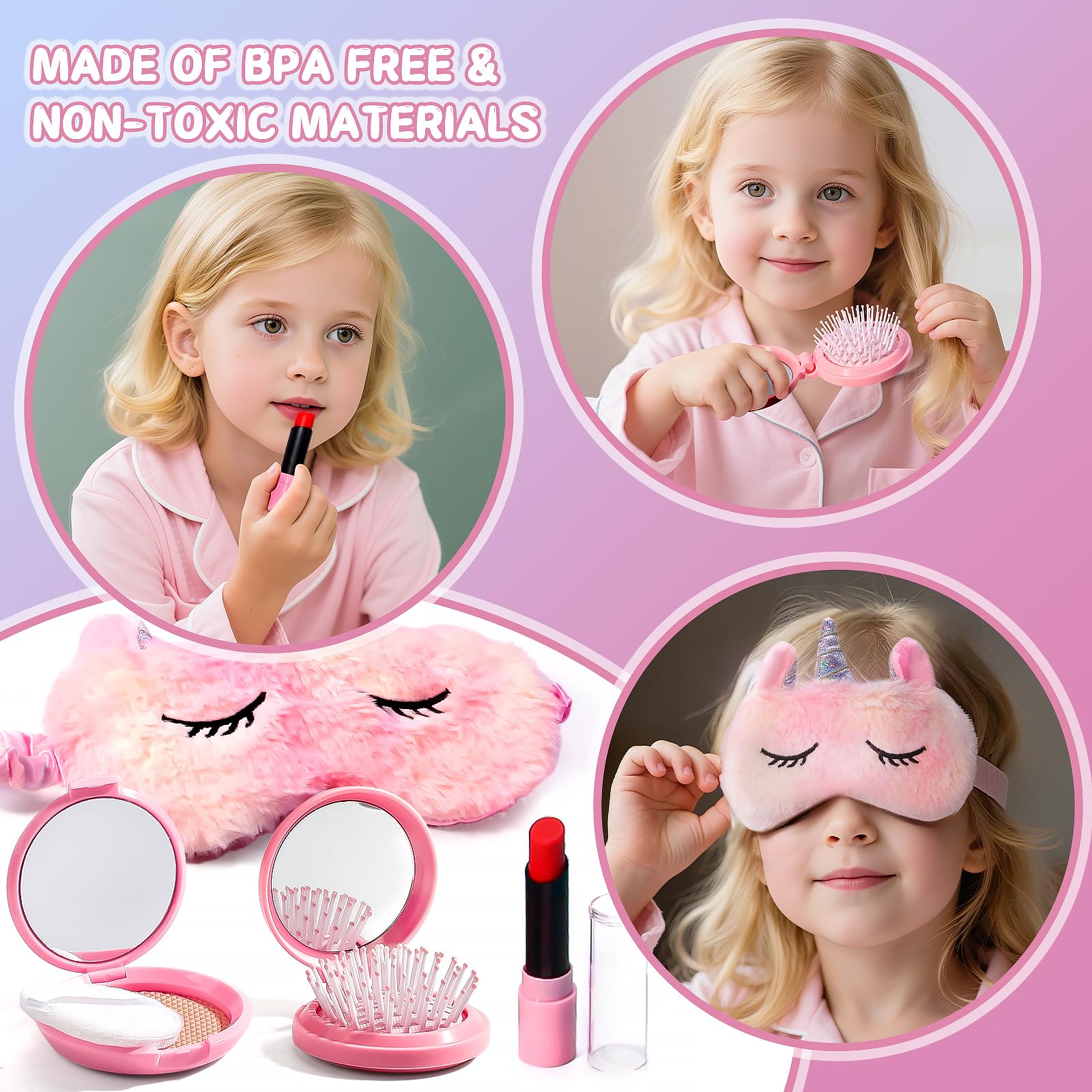 Monedero para niñas pequeñas con accesorios, bolso con maquillaje de simulación para niñas, incluye tatuajes de unicornio, máscara de dormir para niños, secador de pelo, juguetes de juego de princesa 5