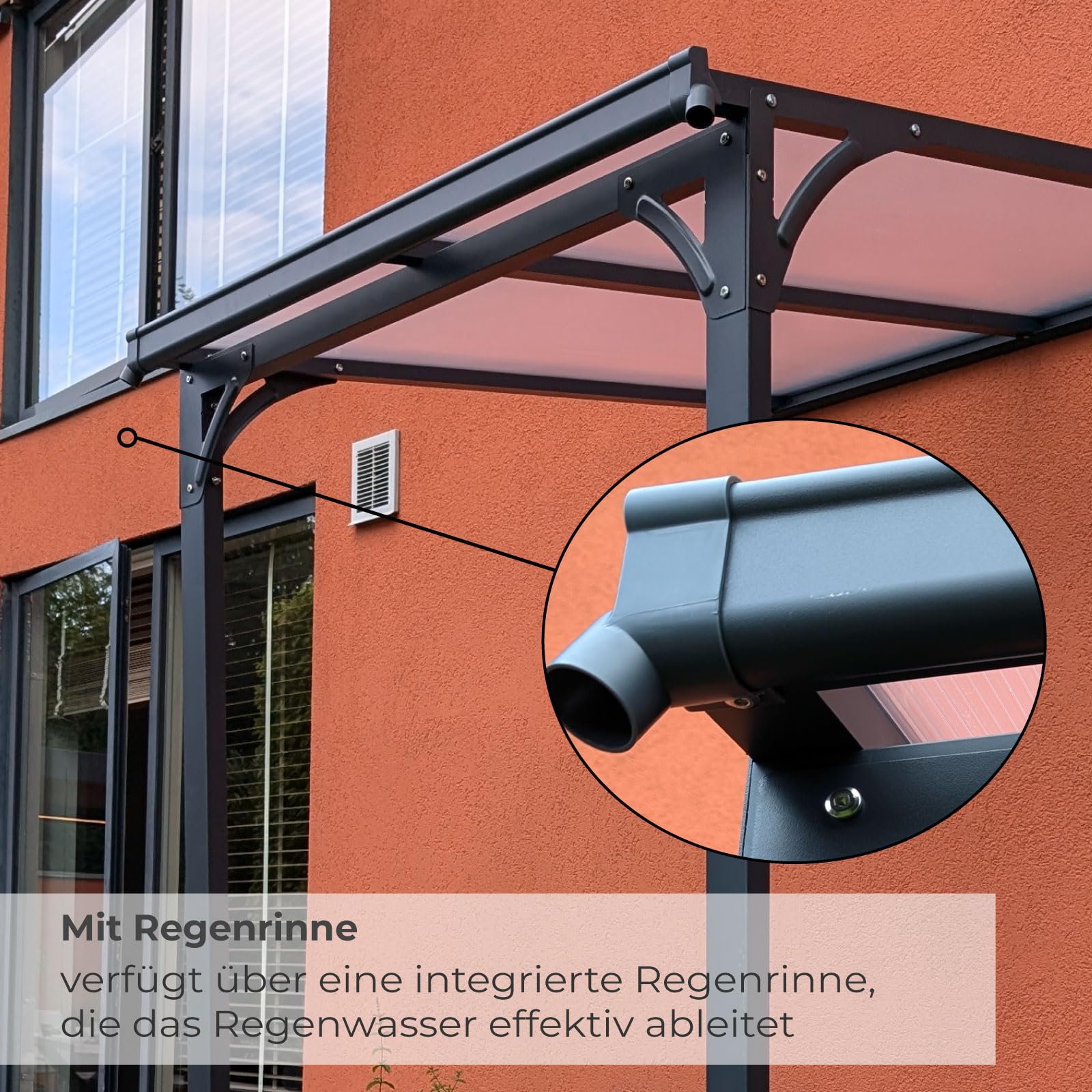 Haustürvordach Aluminium pulverbeschichtet transparentes Dach | Vordach Polycarbonat Überdachung Wasserführung 238 x 150 x 148/150 x 250/261 cm (H x B x T x H-hinten) anthrazit