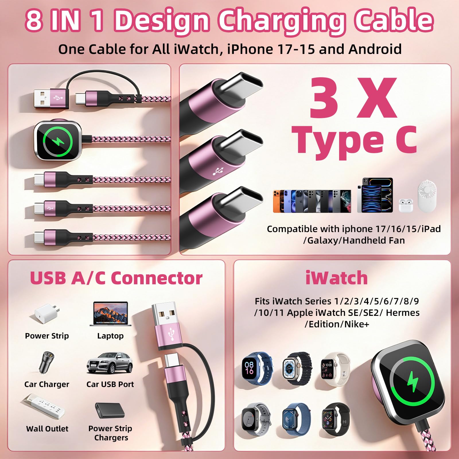 Cavo di ricarica 3 tipo C 4 in 2 per caricabatterie iWatch per telefono, cavo di ricarica multi USB C, accessori da viaggio USB C Splitter Multi cavo di ricarica per iWatch Ultra/SE/11-1, iPhone17 16
