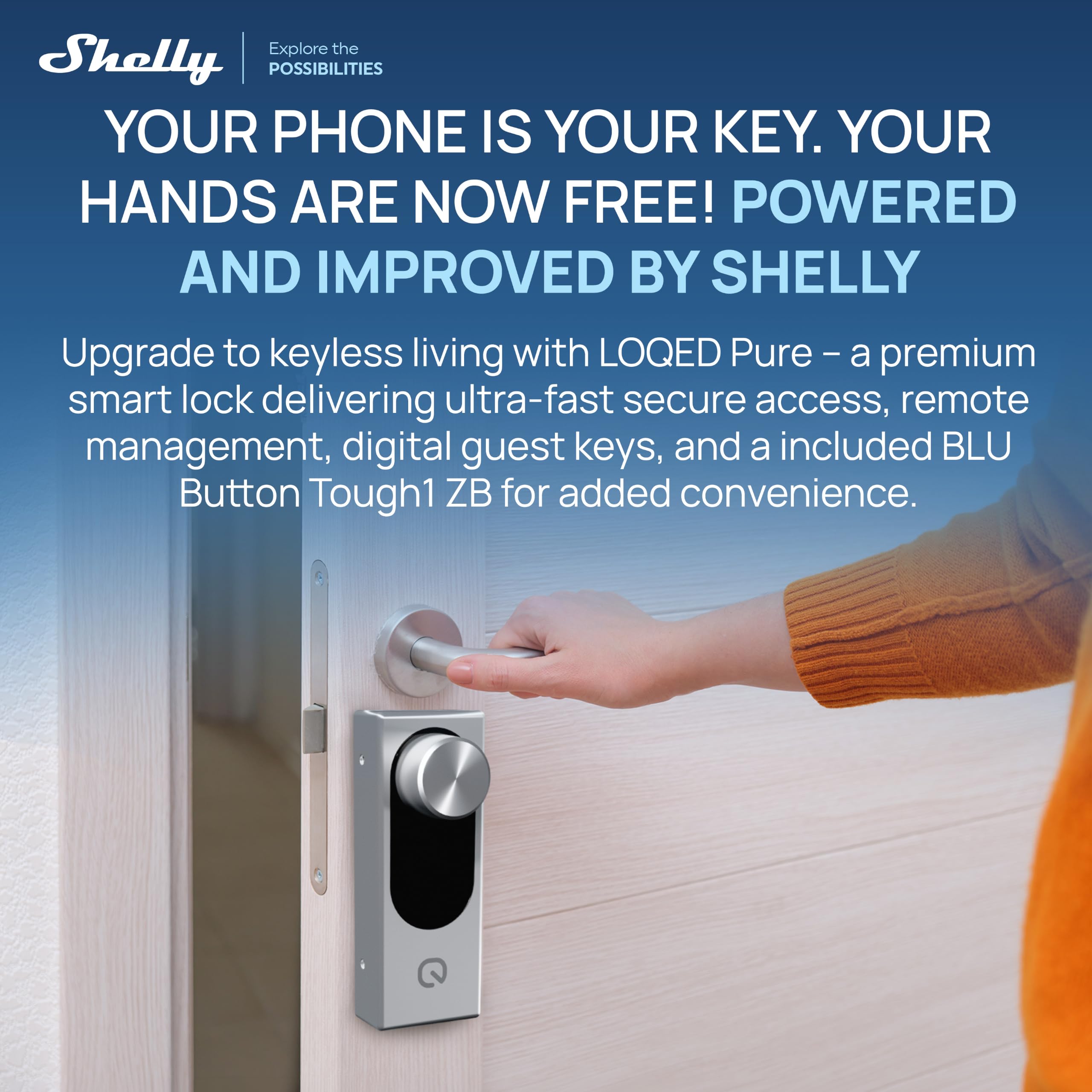 LOQED Pure Argento - Serratura Smart con Wi-Fi e Bluetooth per Cilindro Europeo, Batteria Ricaricabile con Cavo Alimentazione Emergenza 9V, LOQED App e Shelly Smart Control, Apertura Senza Chiave