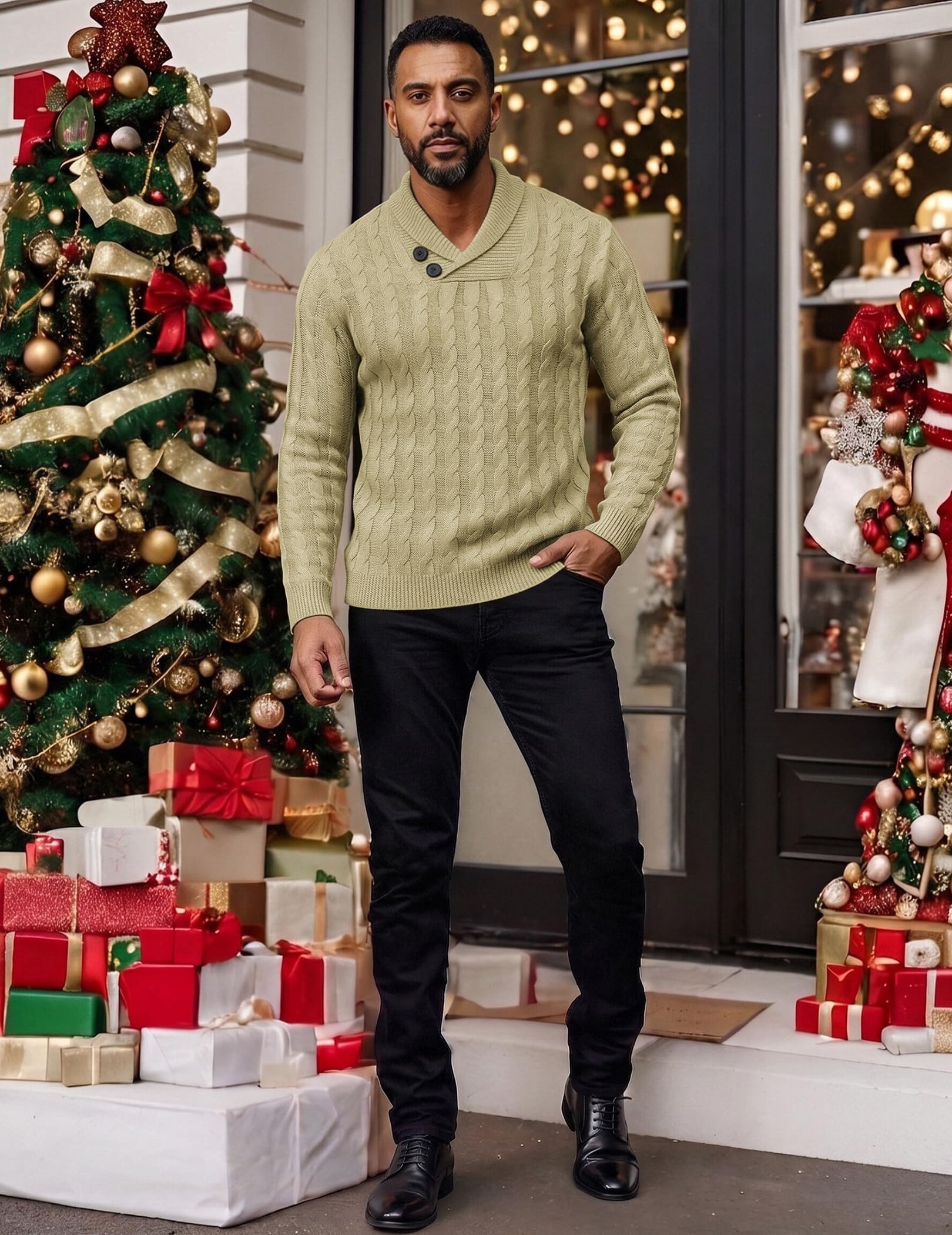 COOFANDY Maglione da uomo con collo a scialle Slim Fit Casual Button Cable Knit Maglioni