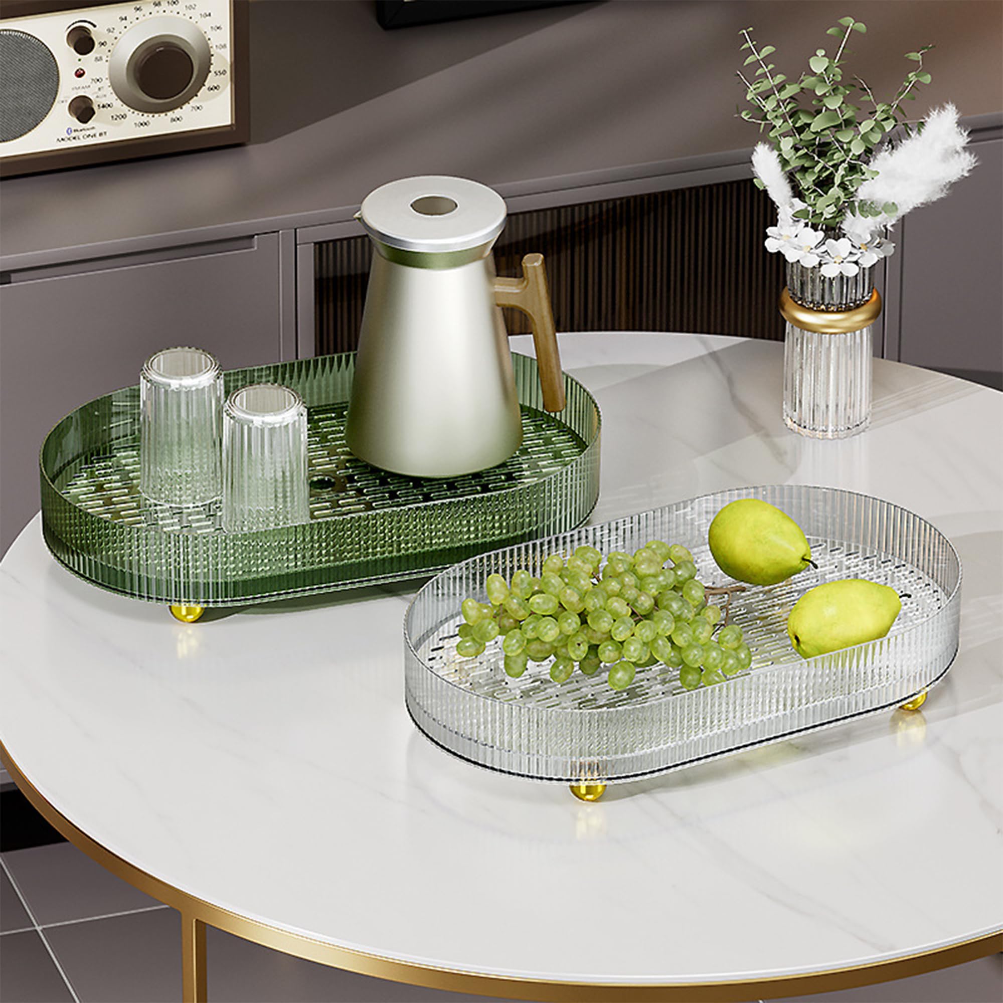 Kuber Industries Mehrzweck-Abfluss-Tablett, doppellagig, dekorativ, Make-up-Parfüm-Organizer, Badezimmer-Schminktisch, Kommode, Küchen-Arbeitsplatten-Organizer-Tablett, rutschfest, transparent