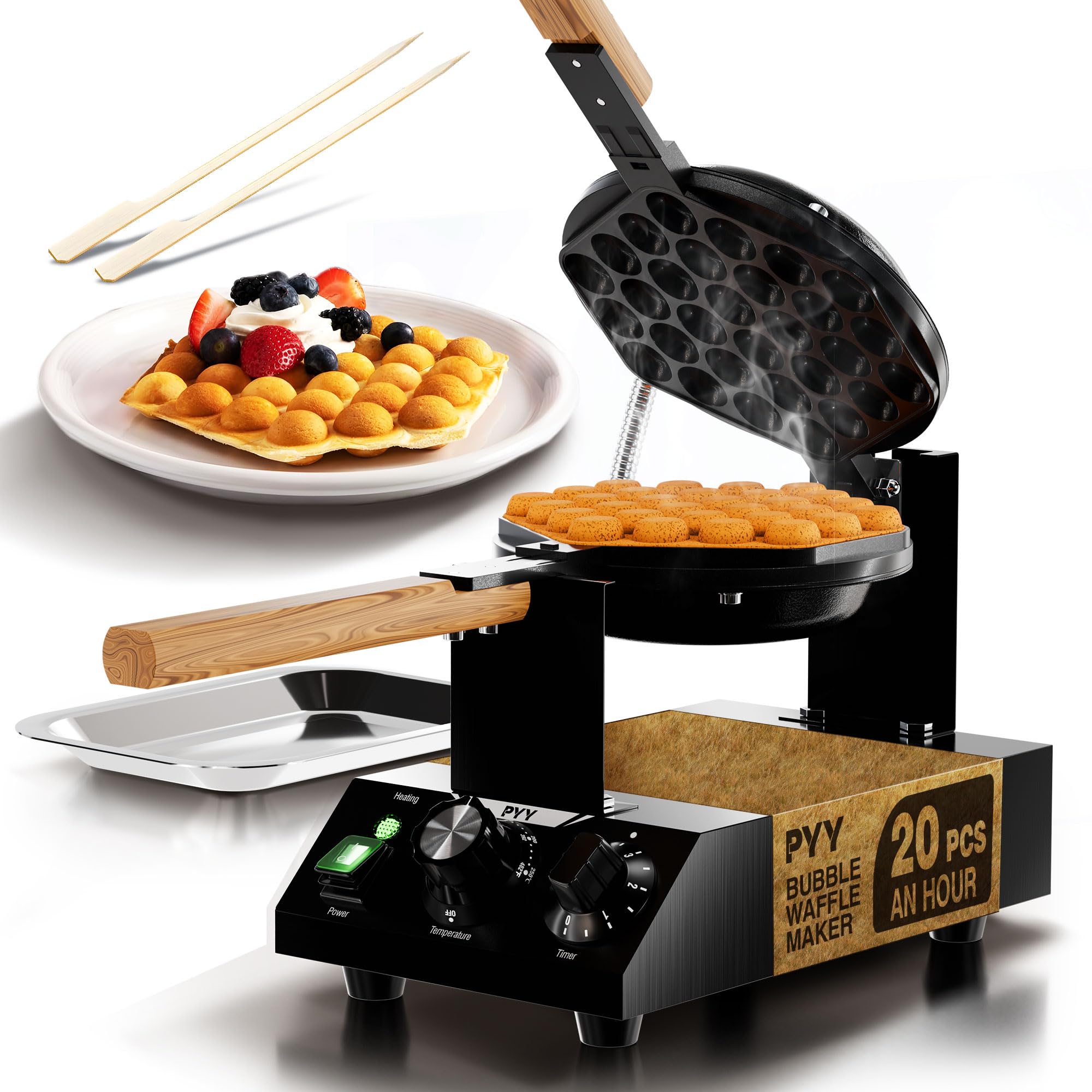 PYY Bubble Waffle Maker - Commercial Egg Puff Waffle Iron Machine, 1500W 122-482? Electric Stainless Steel Hong Kong, 30 Egg Cones | 180° Rotating| Black Non-stick Coating | Crumb Tray | Wooden Handle
