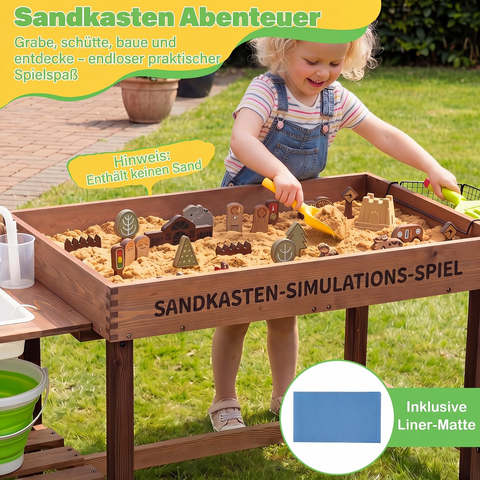 COSTWAY Outdoor Matschküche für Kinder, Wasserspieltisch mit Korb & Ablage | Sandkasten mit Wasserpumpe, Eimer, Zubehör & Sandschaufeln, Holz Sandbox für Kinder ab 3 Jahren, für Garten & Terrasse