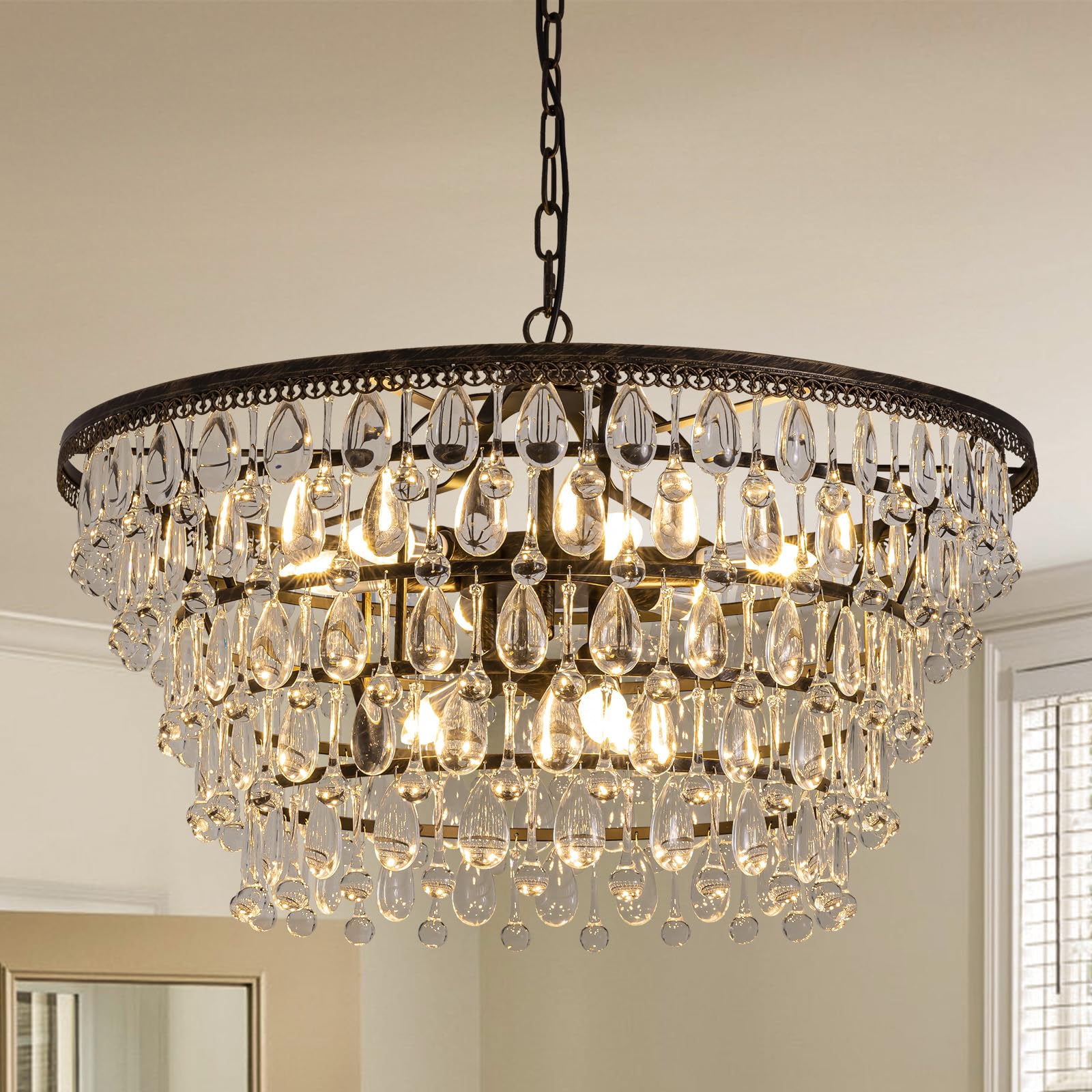 7PM Vintage Crystal Chandelier for Dining Room,28-inch Antique Crystal Ceiling Light Fixture, 5-Tier Bronze Chandelier for Living Room, Kitchen Island
