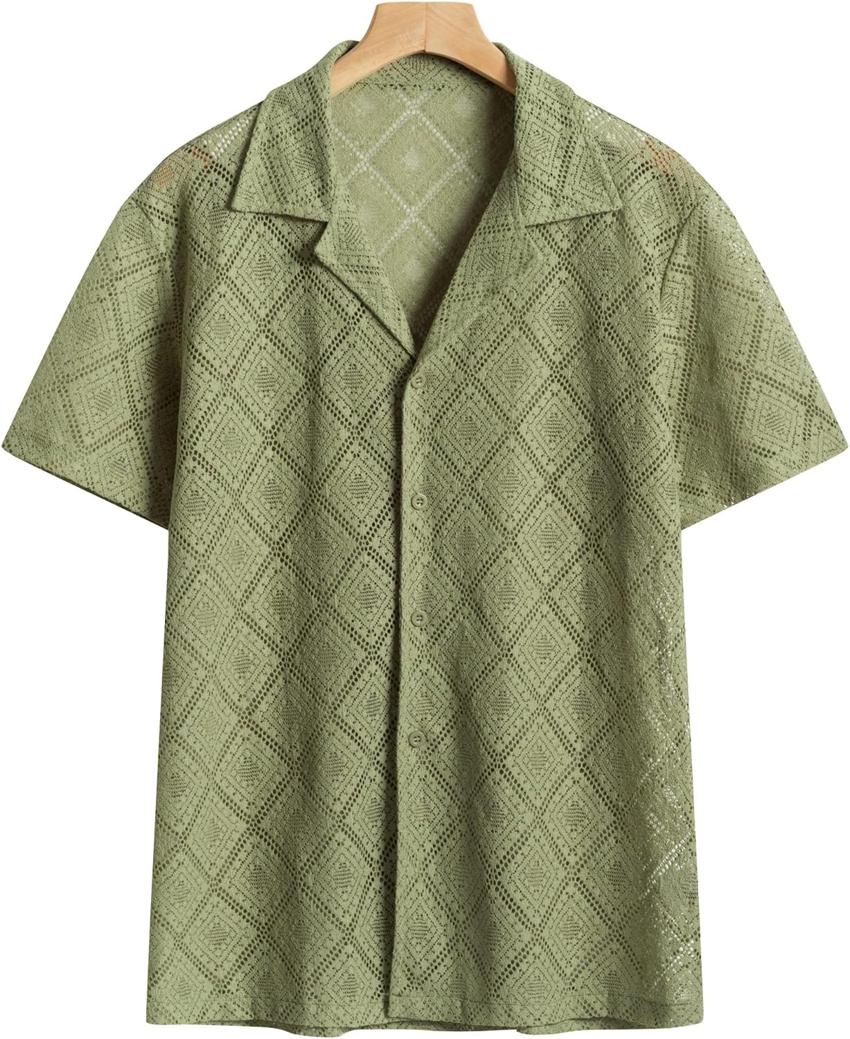 Mens Floral Lace Shirt Hollow Out Sheer See Through Short Sleeve Casual Button Down Beach Shirts - Image 4