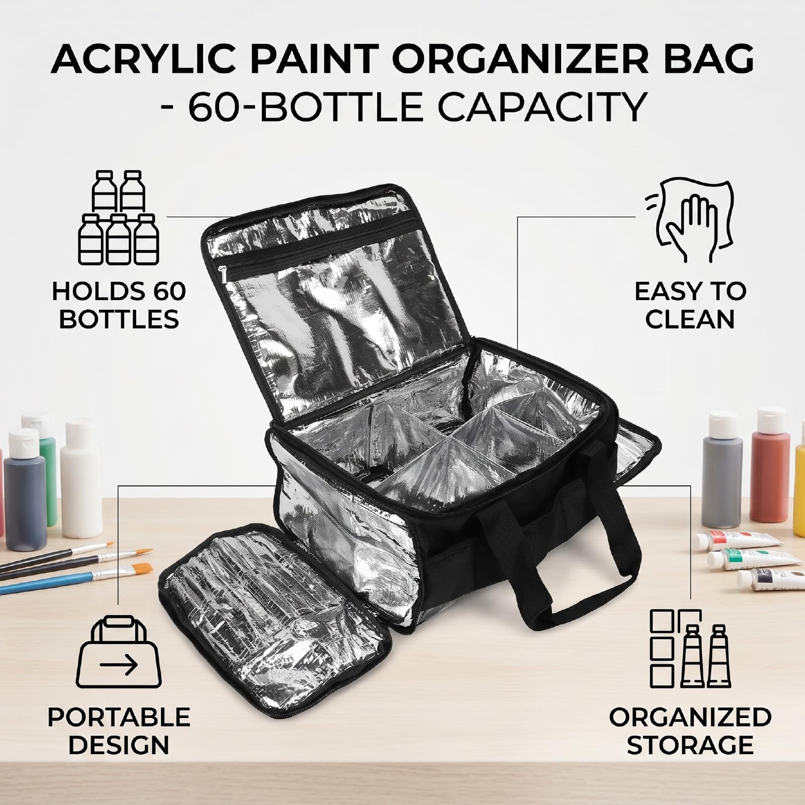 Borsa Organizer per Vernice Acrilica, 60 Bottiglie, Borsa Portaoggetti