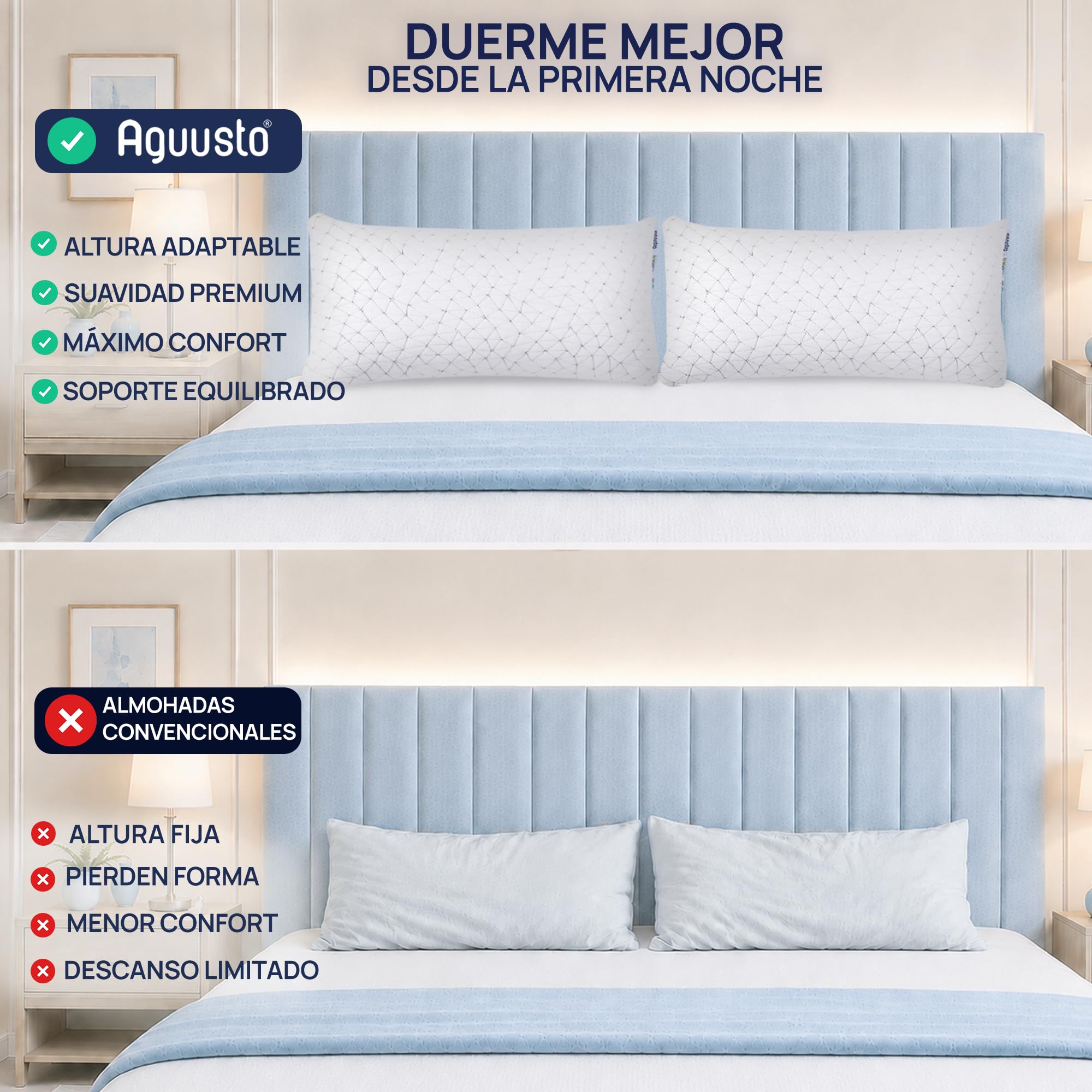 Oficial Almohada de Gel Viscoelástica Premium - Relleno Ajustable - Doble Funda Lavable y Transpirable, para Dormir de Lado, Boca Arriba o Boca Abajo, Memory Foam, Augusto Matrimonial 70cm
