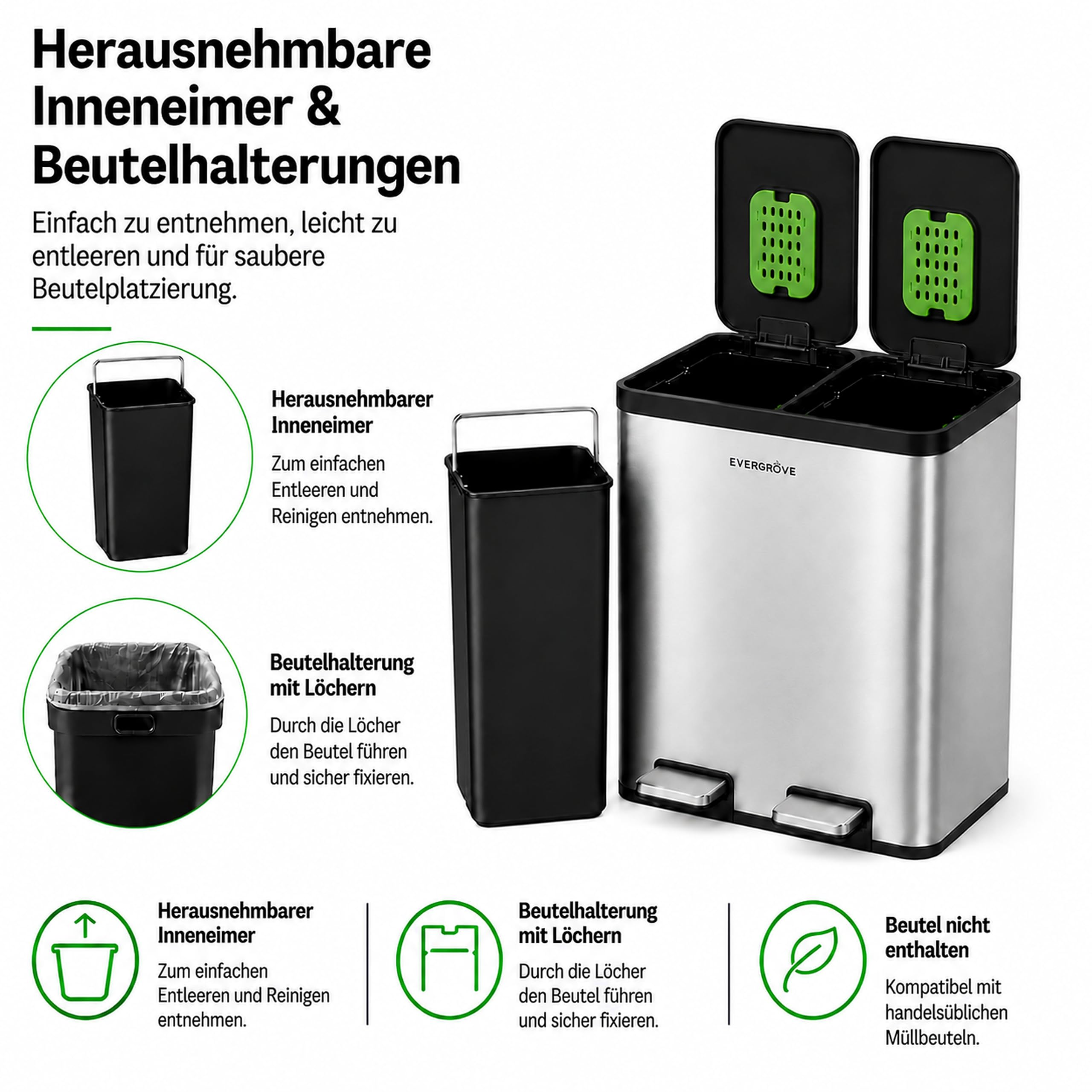 EverGrove 30-Liter-Mülltrennsystem, 2 x 15 L (Silber) | Gehäuse, Deckel und Pedale aus Edelstahl; zwei PP-Inneneimer, sanft schließende Deckel und ein eingesetzter Geruchsfilter.