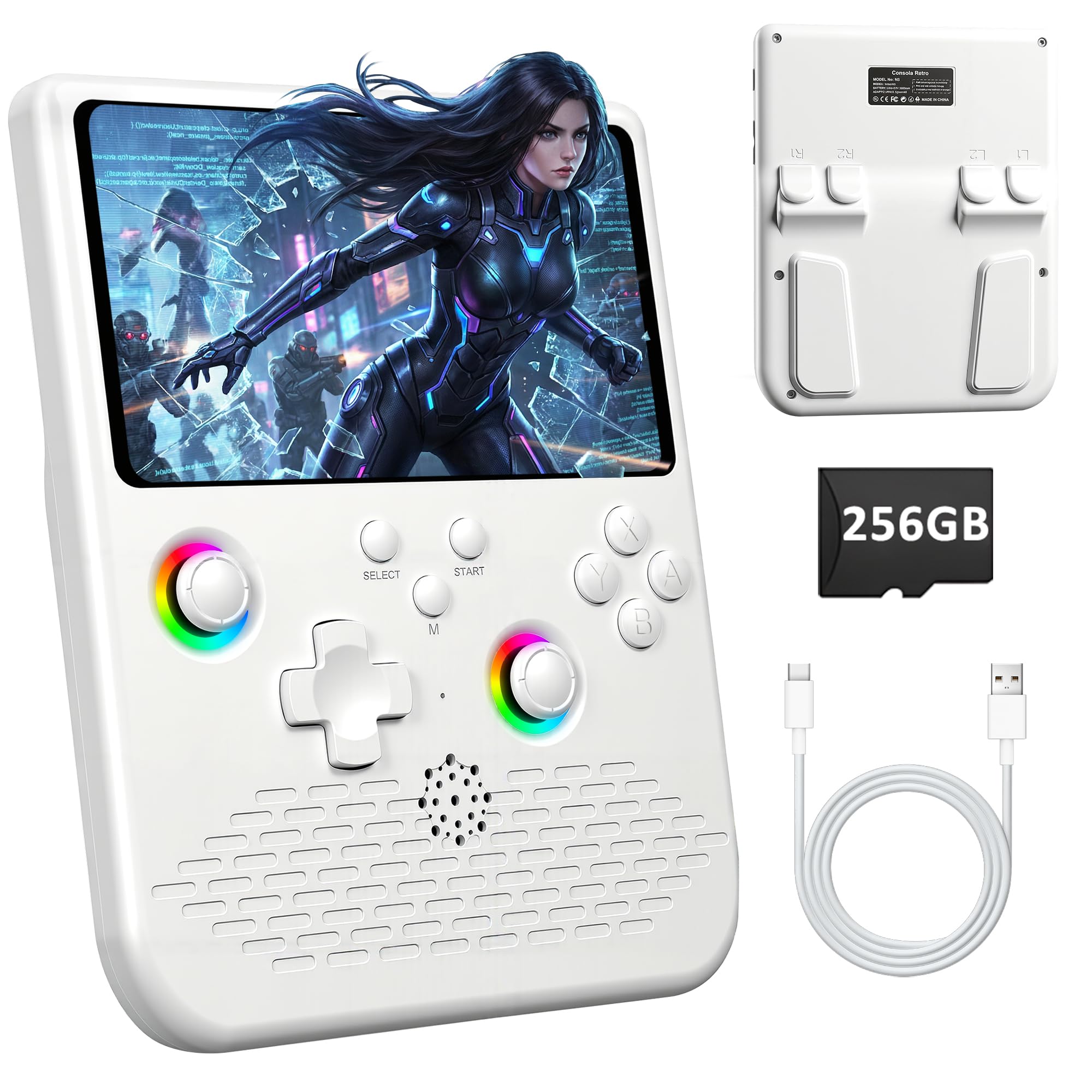 H5 Retro Handheld Spielkonsole, 256 G über 40.000 Spiele, 5-Zoll-IPS Retro Konsole, Linux-System, 4000-mAh-Akku, Unterstützt 34 Emulatoren,Tragbare Mini-Arcade(weiß)