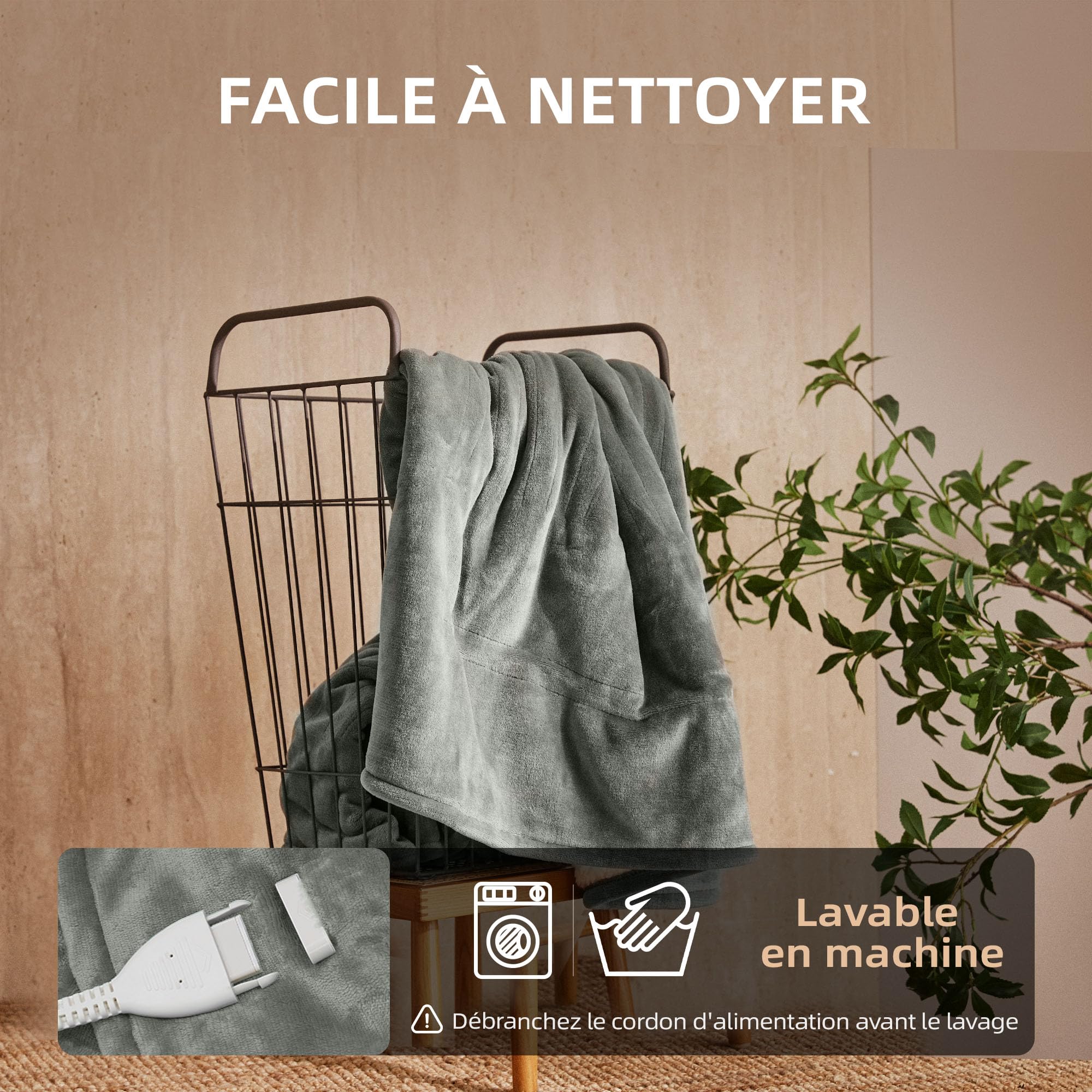 JET'S HOME Couverture Chauffante Électrique 1 Personne 130x180cm - Plaid Chauffant 6 Réglages de Température Fermeture Automatique Réglable, Protection Contre la Surchauffe Lavable en Machine (Gris)