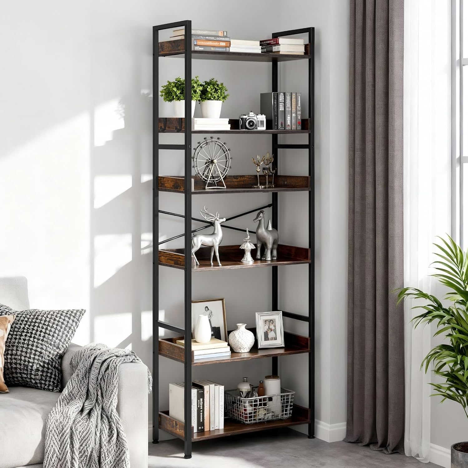 VEVOR Industrial Bookshelf, 6-Tier, Vintage Ladder Shelf Bookshelves and Bookcases, with Metal Frame, Book Organizer with Open Shelves, for Living Room, Bedroom, Kitchen, Home Office, Rustics Brown