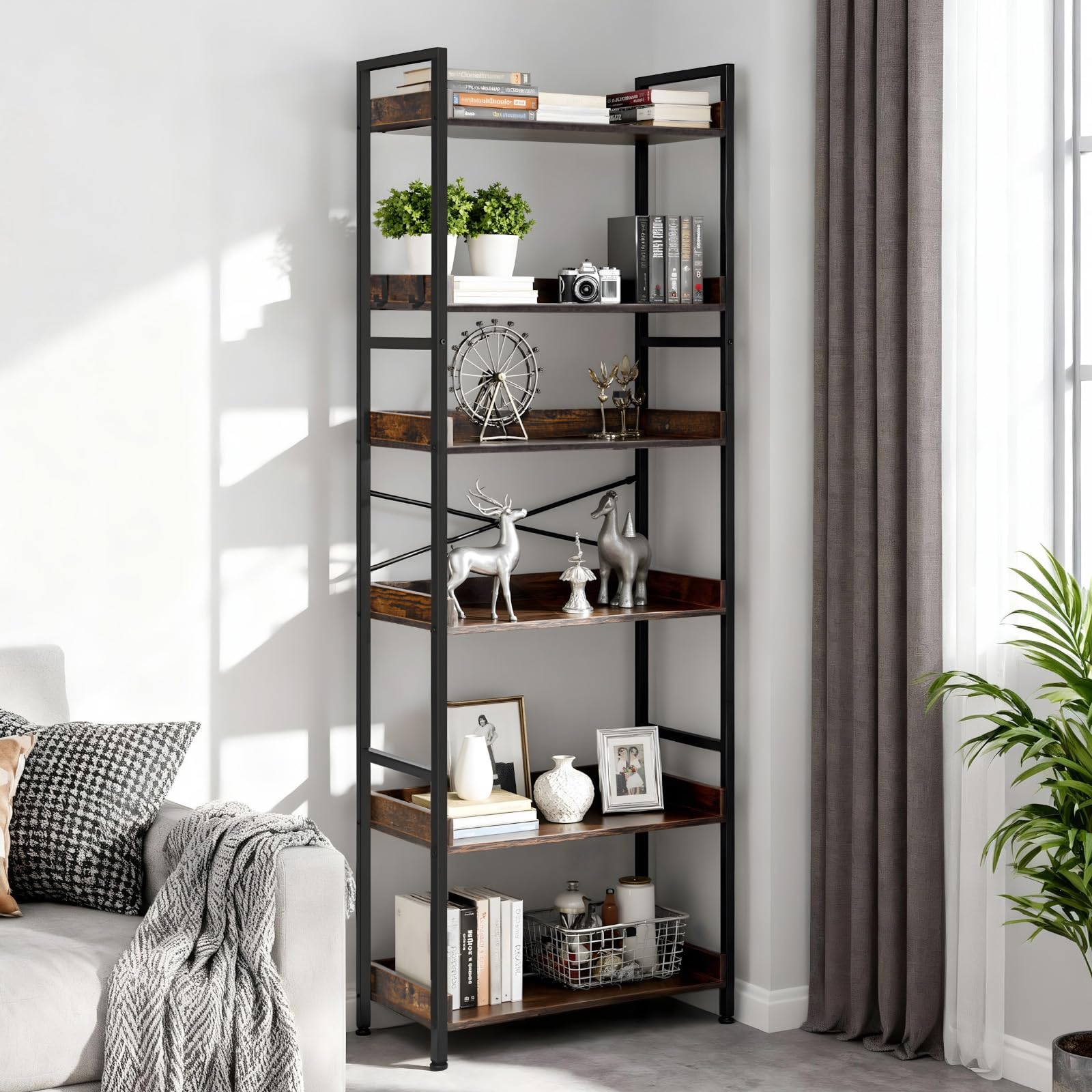 VEVOR Scaffale a Scala in Metallo 6 Ripiani, Scaffale a Scala Vintage con Struttura in Metallo, Libreria con Ripiani Aperti, per Soggiorno, Camera da Letto, Ufficio Domestico, Marrone Rustico
