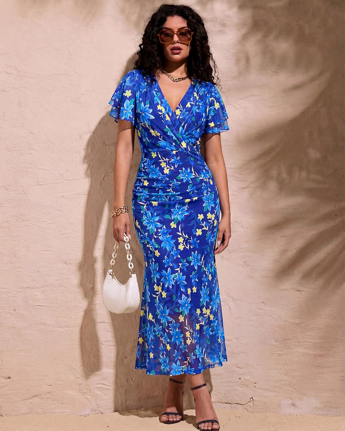 Gaharu Women's Summer Floral Bodycon Maxi Dress 2026 Ruched Mesh Ruffle Sleeve Spring Wedding Guest Cocktail Party Dresses - Image 2