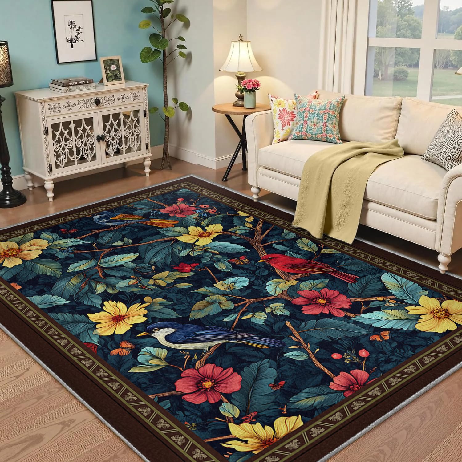 Tapis floral botanique vibrant 140x200 cm tapis poils bas salon doux