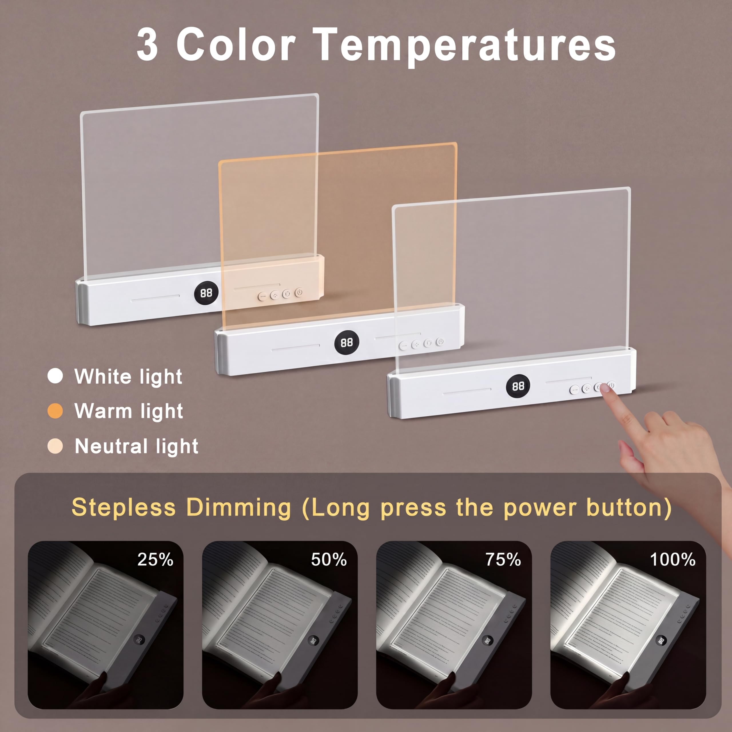 MENKSID - Luce piatta per lettura a letto, luce LED ricaricabile con timer, 3 modalità di colore e oscuramento continuo, lampada da libro per gli amanti dei libri, durata 35 ore, batteria 1200 mAh
