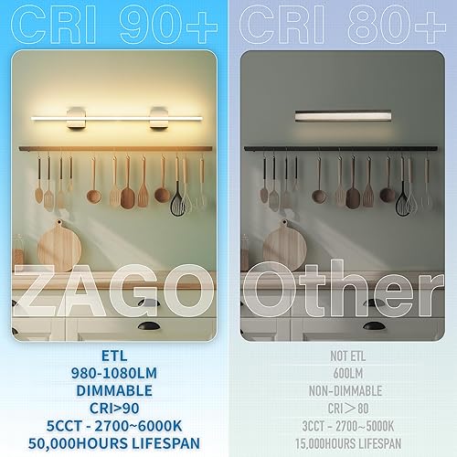 Vista 3 de ZAGO Lámparas lineales de tocador de baño de 24 pulgadas sobre el espejo, barra de iluminación LED moderna montada en la pared ajustable
