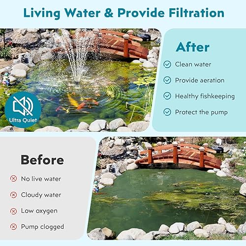Miniatura 2 de POPOSOAP Filtro solar de estanque de 55 W con bomba de fuente, bomba de agua con filtro de estanque de 580 GPH para estanques al aire libre con
