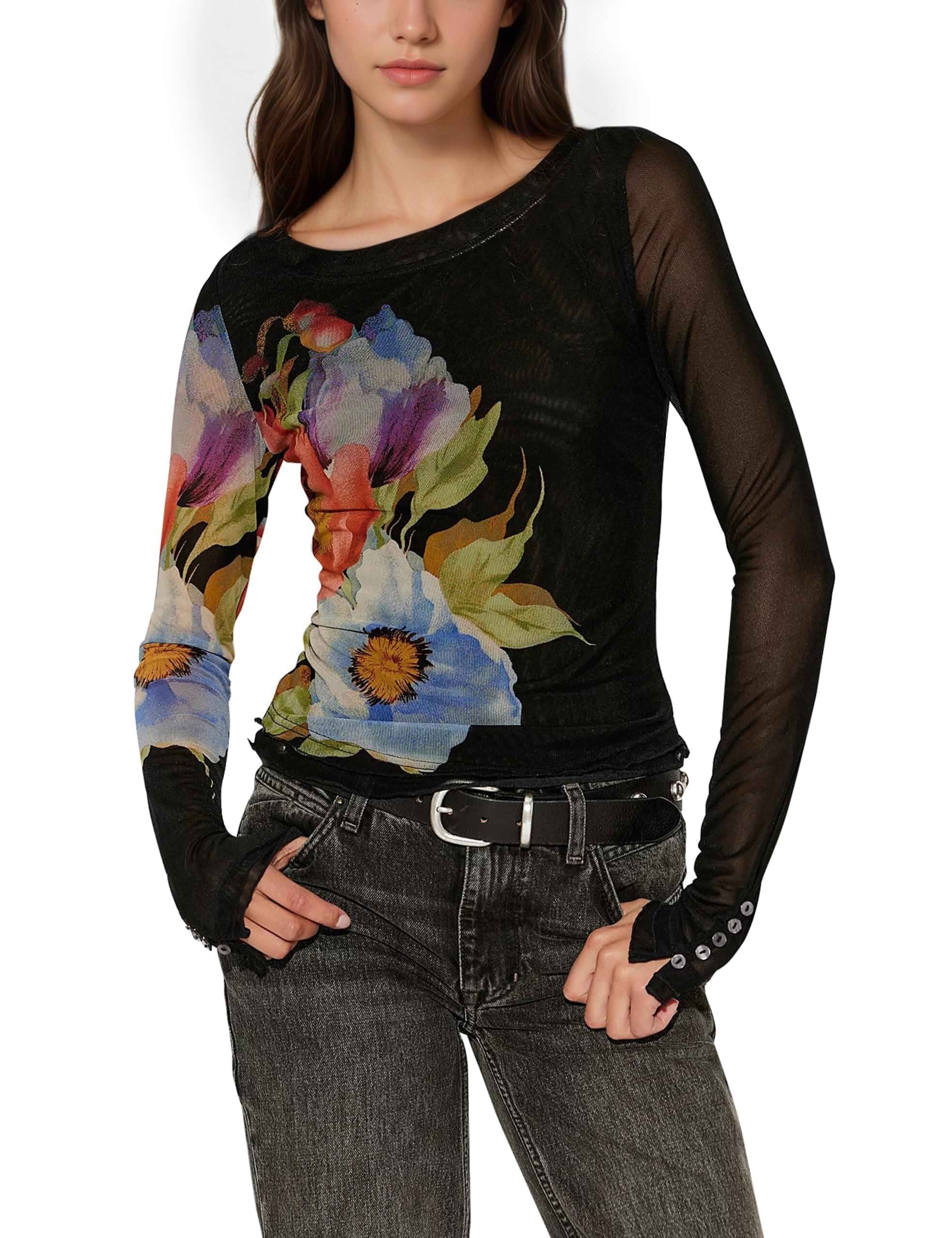MISSACTIVER Floral Mesh Long Sleeve Shirts for Women Crew Neck Slim Fit Going Out Tops Y2k Beach Vacation Outfits Blouse Long Sleeve