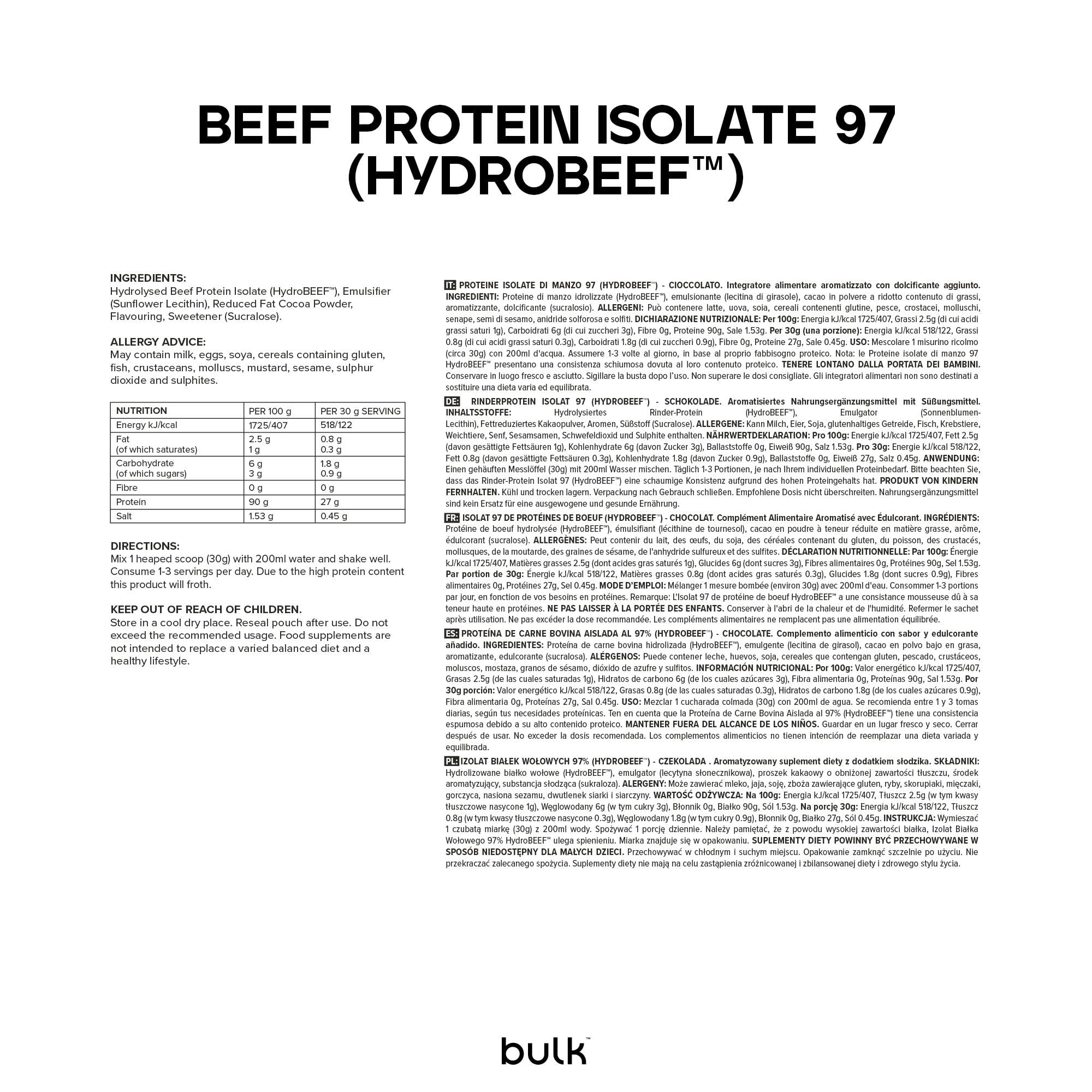Bulk Proteína de Carne Bovina Aislada al 97 % (HydroBEEF), Chocolate, 2.5kg