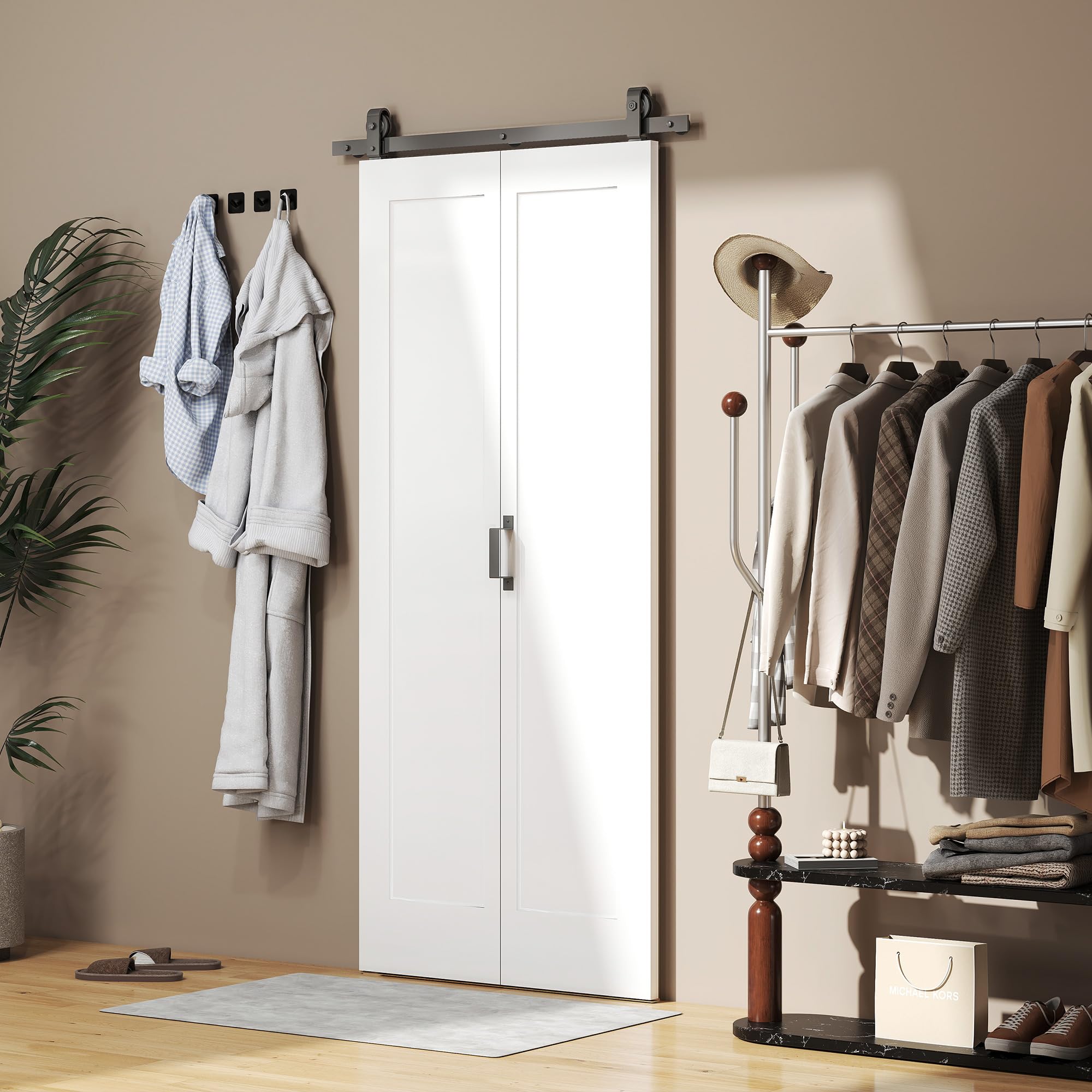 HOMCOM Puerta Corredera con Herrajes Puerta Plegable Corredera con Acabado Personalizable Tirador Fácil Montaje para Baño Salón Sala de Estar Cocina 90x210 cm Blanco