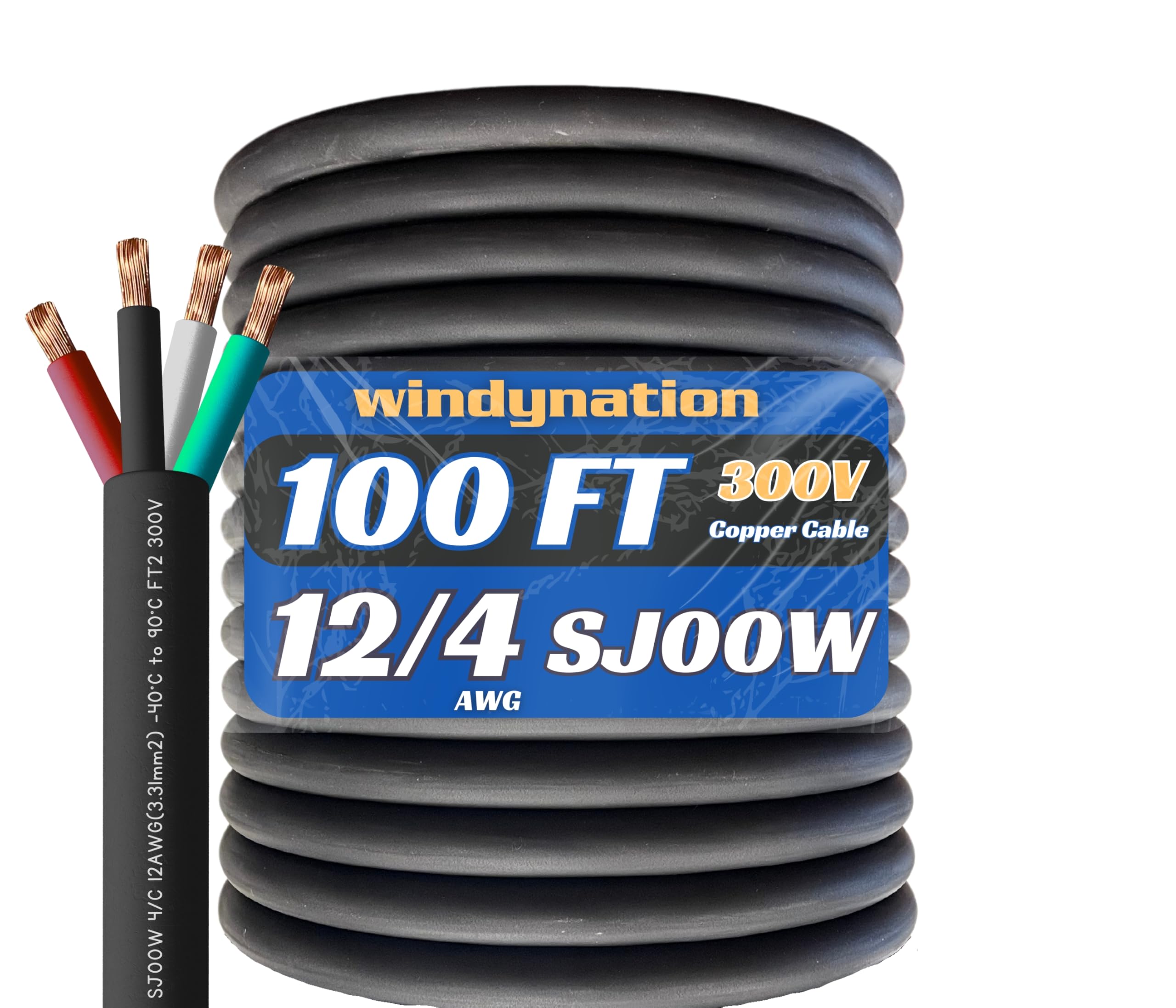 100 Feet 12/4 SJOOW Cable Cord 12 AWG 4 Conductor SO Wire - 12 Gauge 4 Conductor (12/4 Wire) 300V Portable Power Extension Cable for Motor Leads,