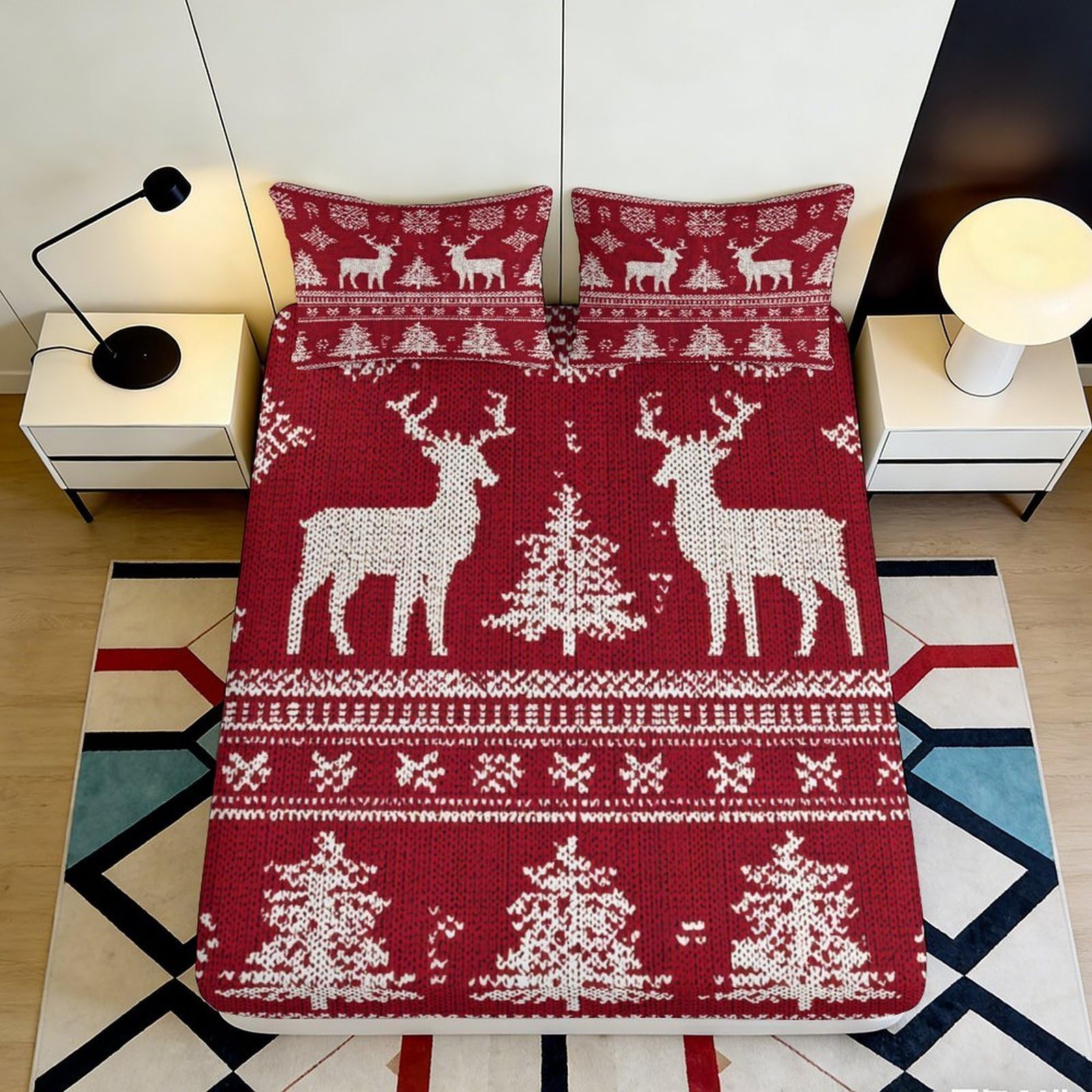 3D Printed Christmas Reindeer Fitted Sheet Microfiber Deep Pocket Non-Slip Xmas Tree Mattress Fitted Cover Washable 200x200x25cm