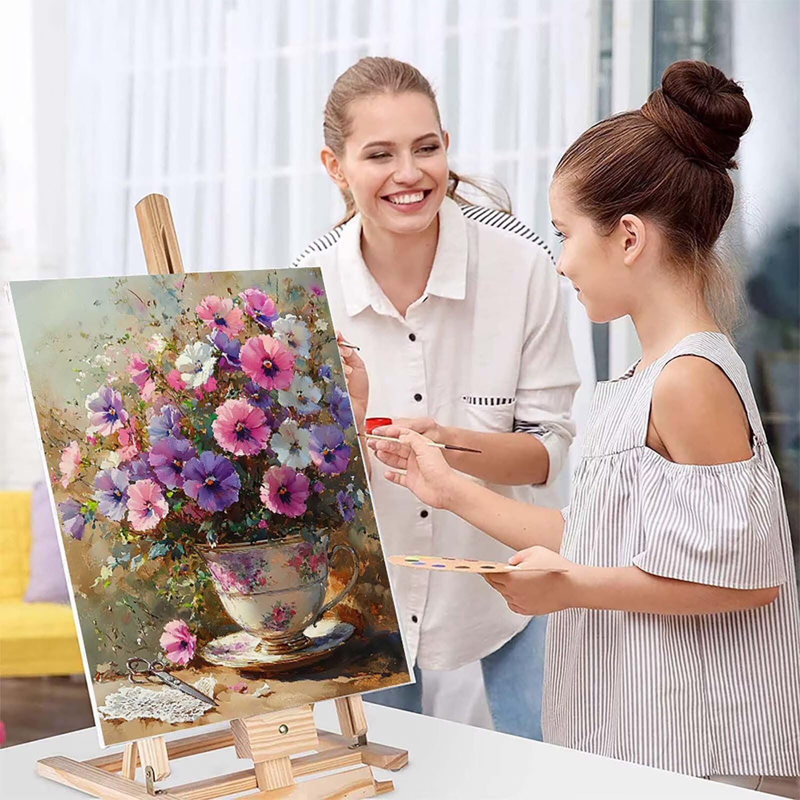 Blume Malen Nach Zahlen Erwachsene mit Rahmen, Malen Nach Zahlen Pflanzen, DIY Bastelset Erwachsene, Handgemalt Ölgemälde Kit mit 3 Pinseln und Acrylfarbe, Deko Wohnzimmer Geschenke 60x70cm T-9486