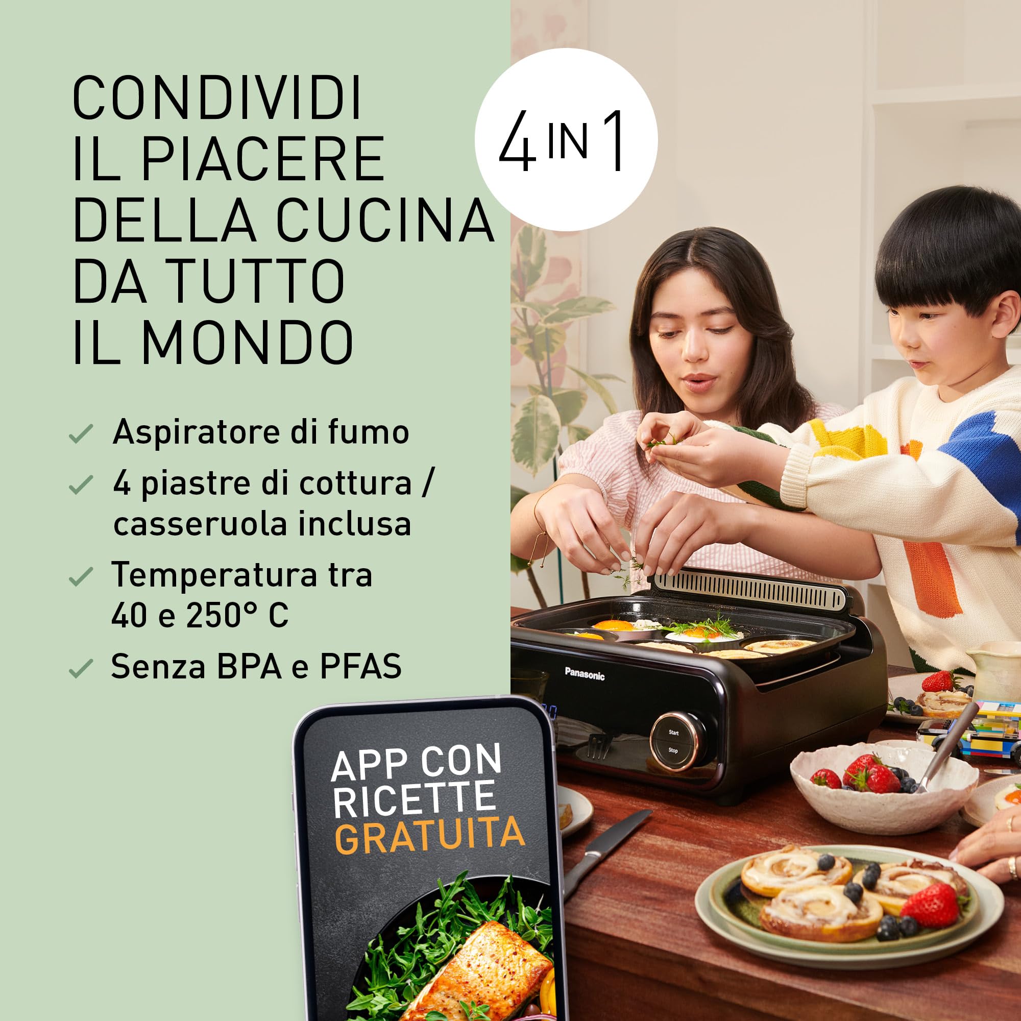 Panasonic NF-GM400 Multi-Cooker Elettrico 4 in 1, Griglia elettrica, Friggere, Cottura Lenta, BBQ, Vapore, Saltare, 1400W, 40-250°C, 9 Modalità Automatiche, Piastre lavabili in lavastoviglie