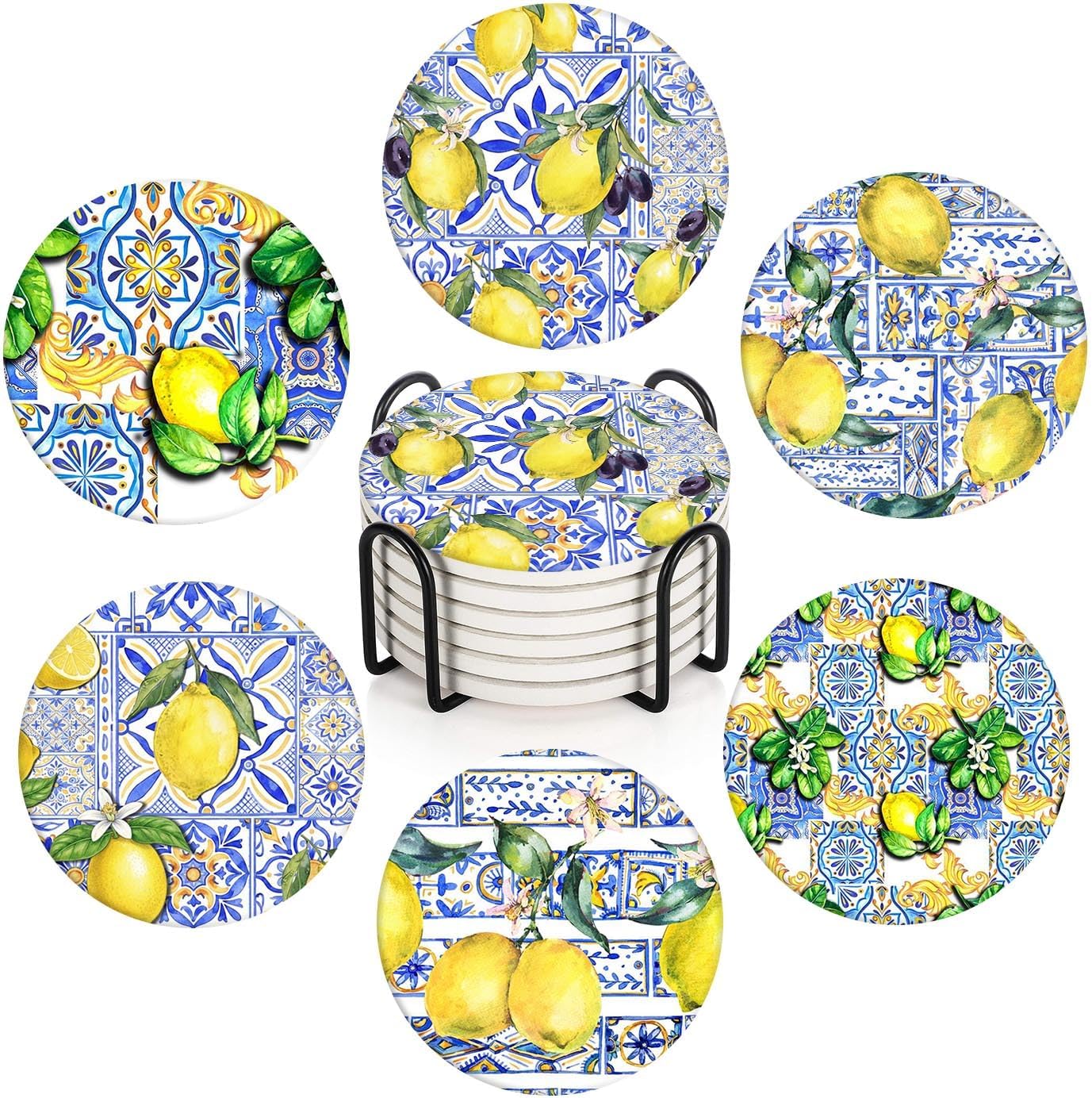 Coaster for Drinks Set of 6, Lemon Fruit Yellow Blue Vintage Absorbent Round Ceramic Stone Mat, with Cork Base and Metal Holder, Gift for Housewarming Room Bar Decor