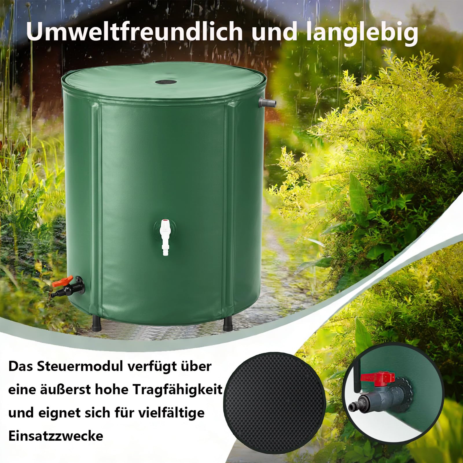 Faltbare Regentonne 250L Regenwassertank aus PVC Gartenwassertank mit Deckel, Wasserhahn, Überlaufventil Regenwassertonne Regensammler platzsparender Regenfass für Garten, Terrasse und Balkon