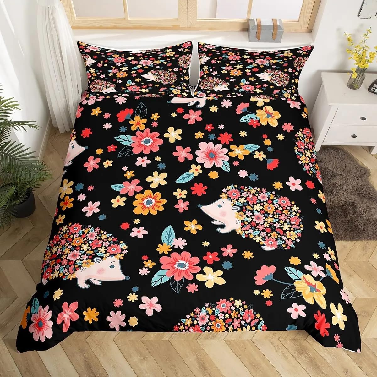 QBIDCSX Duvet Cover Double Hedgehogs and flowers Fluffy Soft Double Duvet Cover with Zipper Closure Hypoallergenic Quilt Covers with 2 Pillowcases19.7 x 29.5"(50x75 cm)