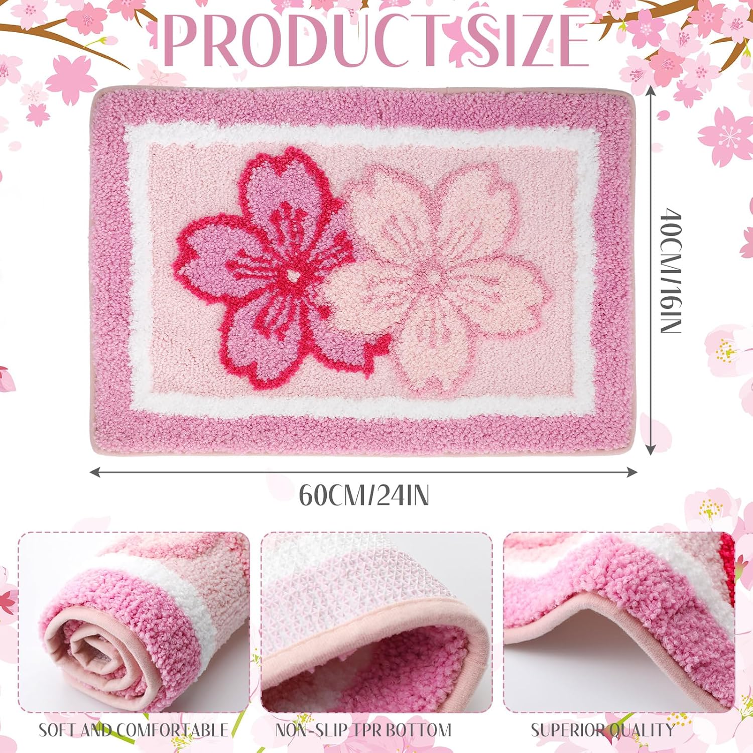 Boao Cherry Bath Mat Blossom Pink Flower Tufted Bathroom Rug Non Slip Soft Absorbent Tufted Cute Cherry Bathroom Accessories Decor for Bedroom Kitchen Floor Tub Shower Sink, 24 x 16 Inches