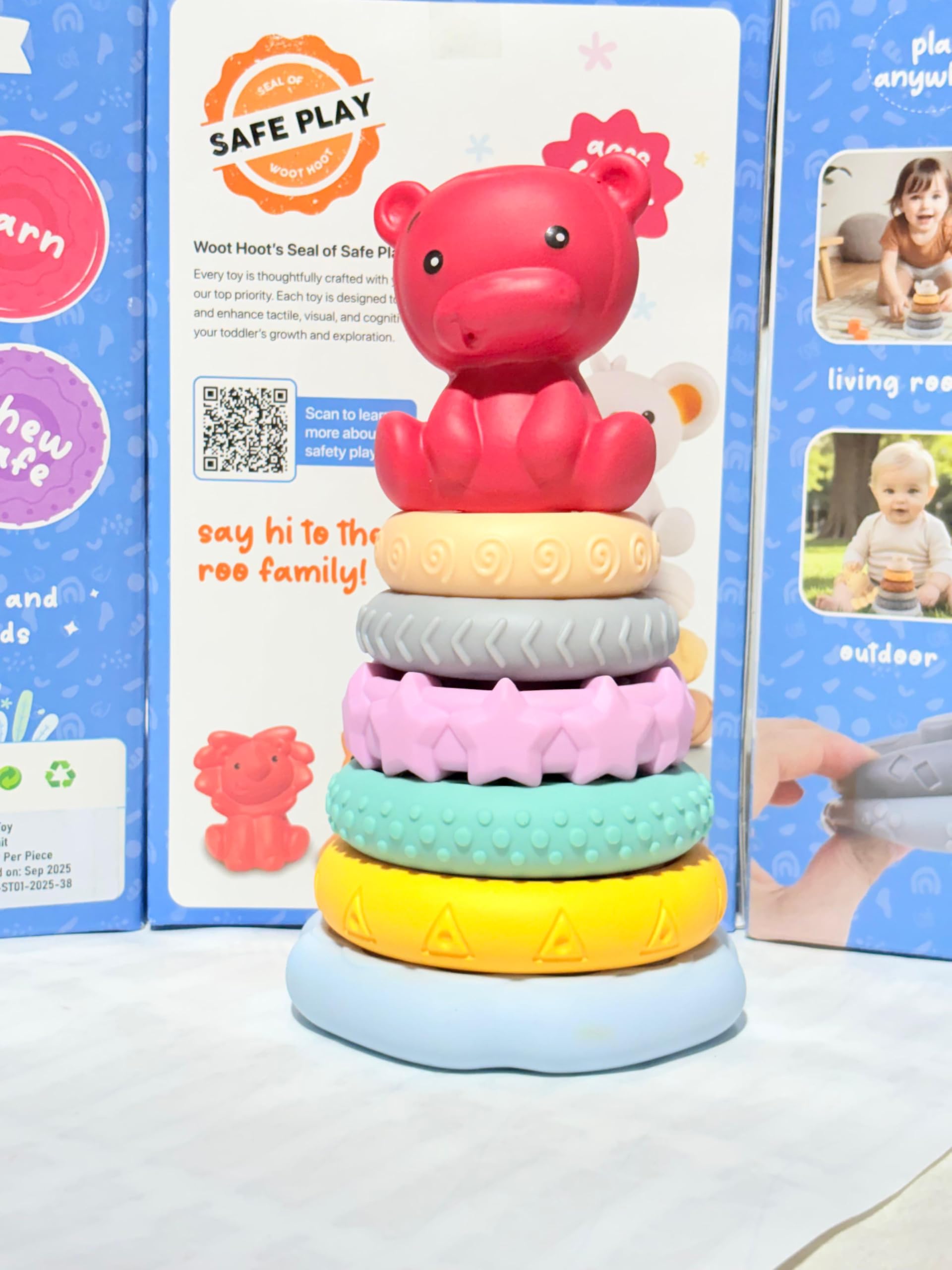 Woot Hoot | Ring-A-Roos | Soft Stacker with Lovable Bear | Colourful Soft Stack & Learn Toy for Toddlers | BPA-Free, Chewable, Educational Sensory Learning Stacker for Babies and Toddlers-image-45
