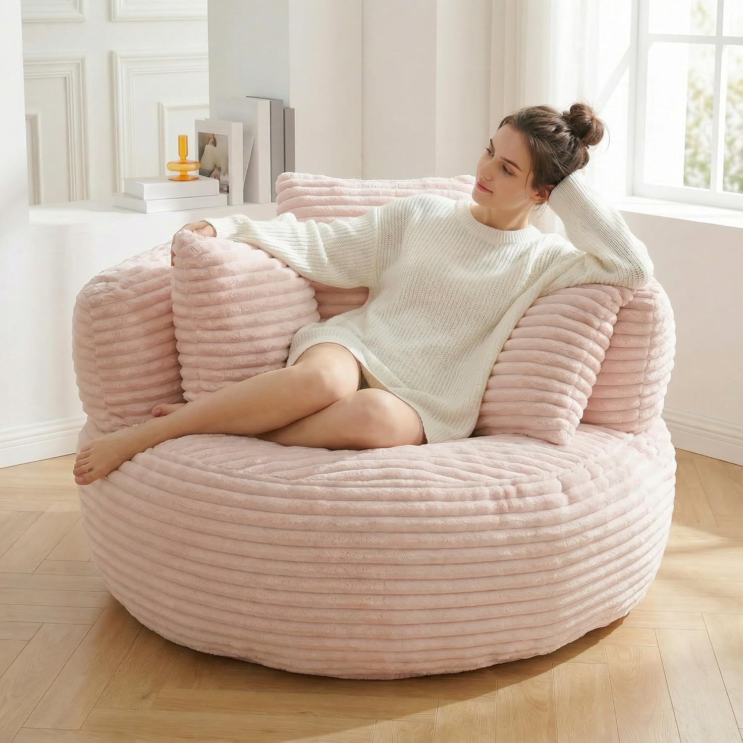 Lazy Sofa Bean Bag Chair – Oversized High Back Corduroy Floor Couch for Adults and Kids, Foam-Filled Large Accent Lounge Sofa for Gaming, Reading, Living Room, Bedroom, Office – Pink