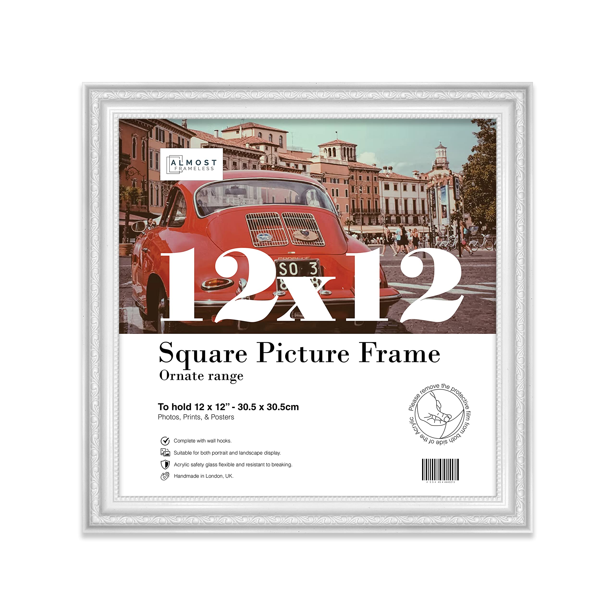 Almost Frameless 12x12 White Ornate Picture Frame 12"x12"(30.5x30.5cm) Poster, Photo, Artwork, or Print. Elegant Style Portrait and Landscape Display with Wall Hooks