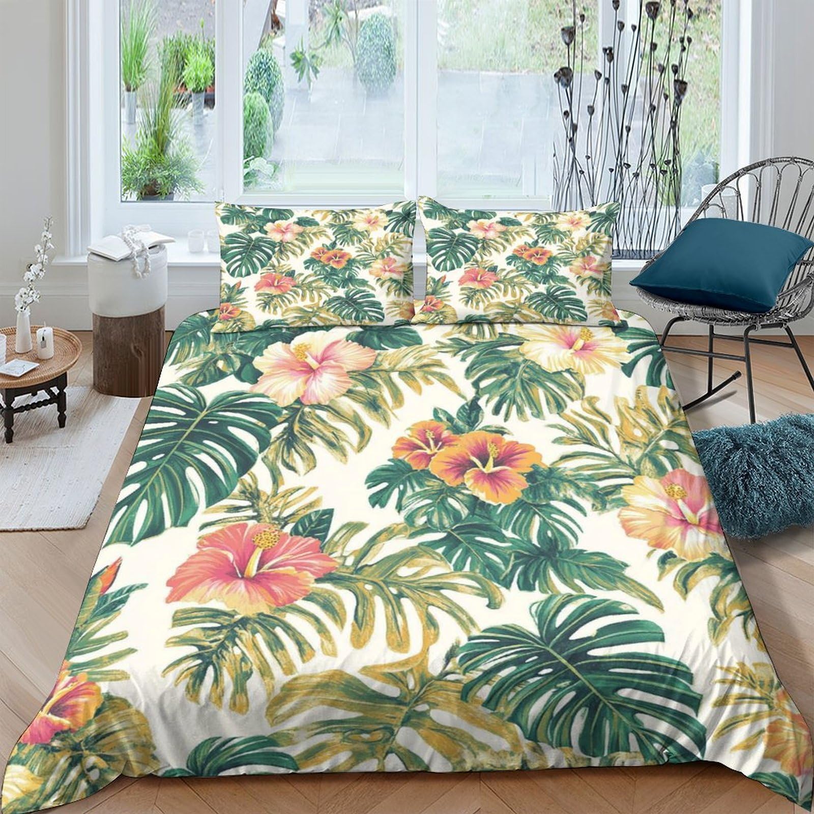 Ctjqhvkz Style-4 3D Printed Tropical Hibiscus Fitted Sheet Microfiber Soft Leaf Pattern Mattress Cover For Bedroom Guest Room Decor Single（135X200cm）