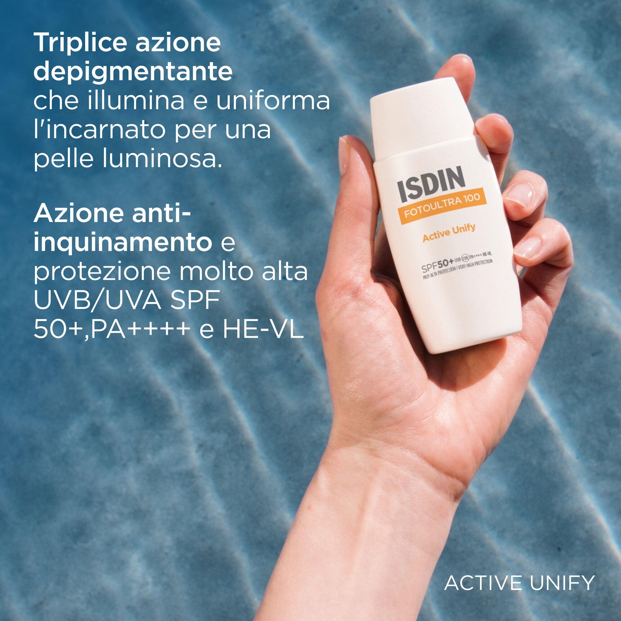 ISDIN FotoUltra100 Active Unify SPF 50+ (50ml) | Crema Solare Viso con Triplice Azione Depigmentante | Schiarisce e Uniforma l'Incarnato | Uso Quotidiano