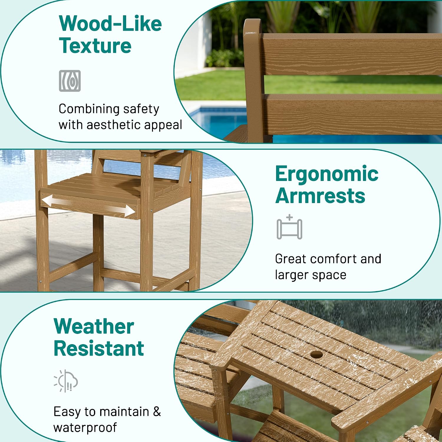 PLUUV Tall Adirondack Chairs Set of 2 with Double Connecting Side Trays, All-Weather HDPE Bar Height Patio Chairs for Balcony & Poolside, 380 LBs Capacity Heavy Duty Outdoor Furniture, Brown
