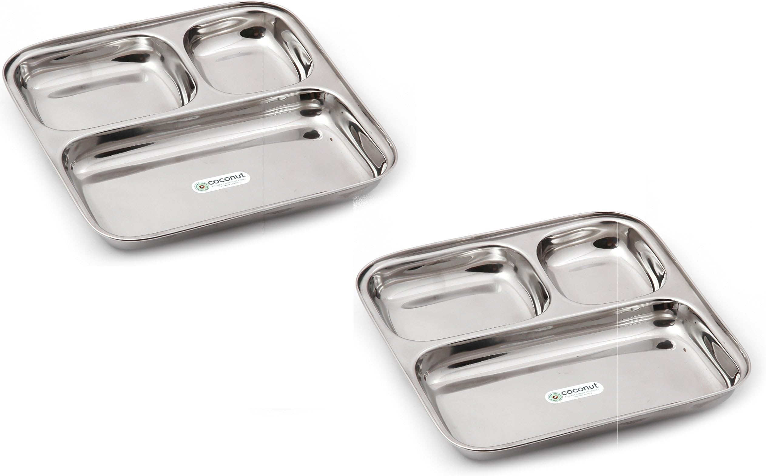 Coconut Stainless Steel Partition Plate - Set of 2 (Pav Bhaji Plate) - Big - 9.5 inches