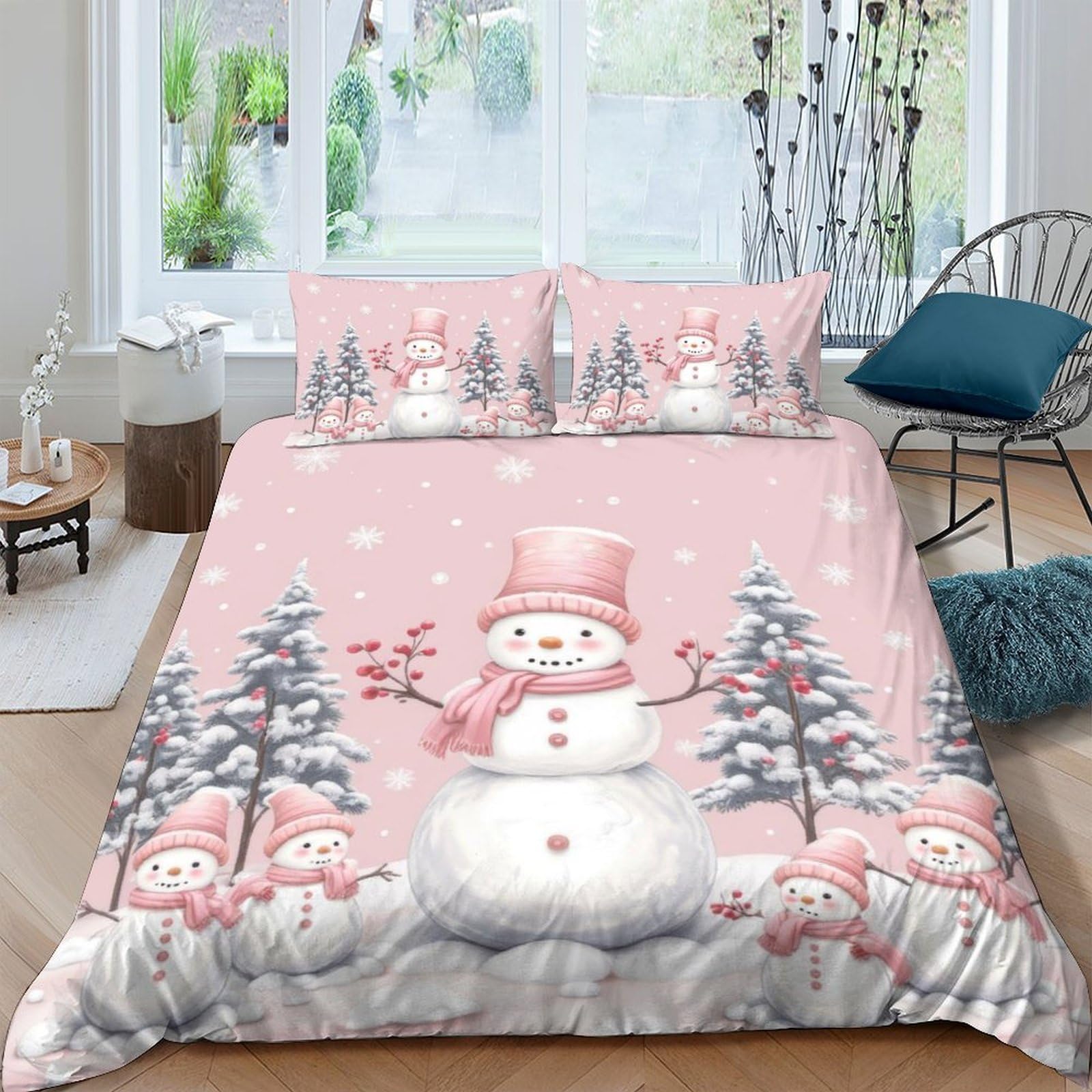 Ctjqhvkz Style-7 3D Printed Snowman Forest Fitted Sheet Microfiber Pink Christmas Bed Cover For Bedroom Guest Room Decor Single（135X200cm）