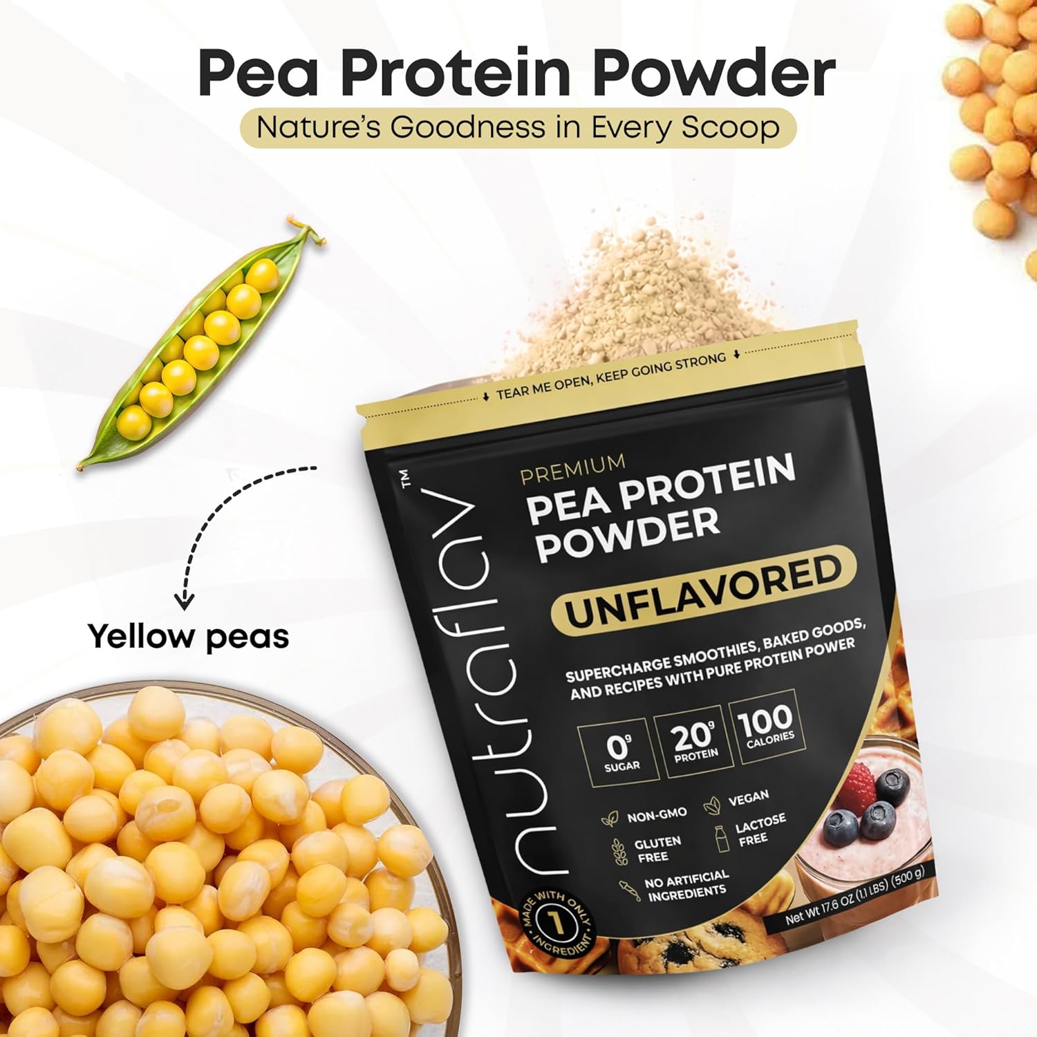 Unflavored Vegan Protein Powder - Plant Based Pea Protein Powder - 20g Protein Per Serving with 1 Ingredient - Iron-Rich, Easy to Digest - No Added Sugar - Great for Smoothies & Recipes - 20 Servings