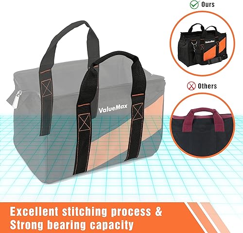 Miniatura 4 de ValueMax Bolsa de herramientas de boca ancha de 16 pulgadas, bolsa organizadora de herramientas con correa para el hombro, bolsa de almacenamiento