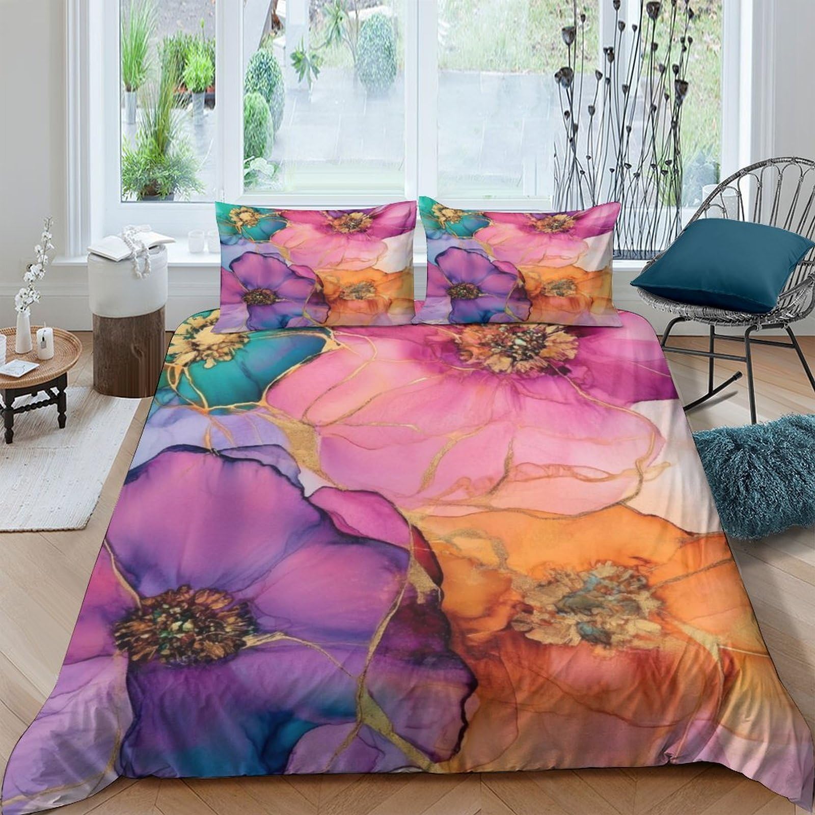 Ctjqhvkz Style-1 3D Printed Watercolor Floral Fitted Sheet Microfiber Soft Pink Orange Abstract Bloom Mattress Cover For Bedroom Decor Single（135X200cm）