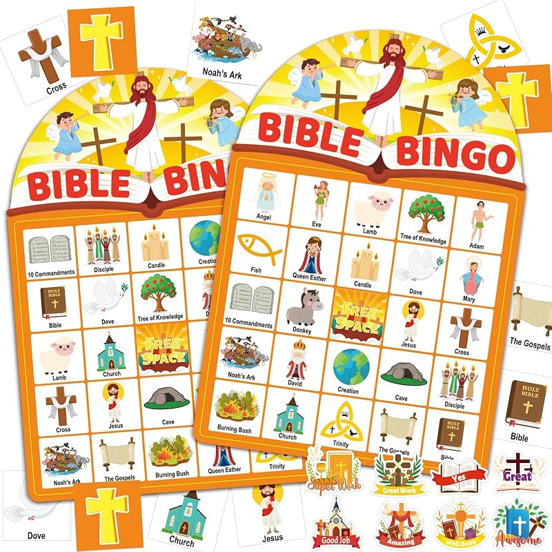39 Pcs Bible Theme Bingo Game for Adults 24 Players Christian Party Bingo Game Cards with Reward Stickers for Family Friends Large Group Gathering Christian Sunday School Church Open Day Favors