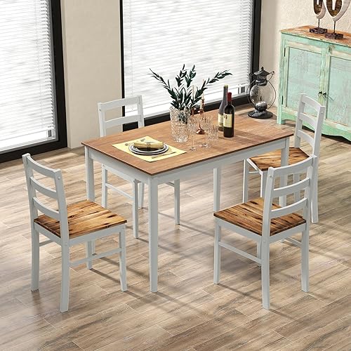 COSTWAY Juego de mesa de comedor para 4, sillas de mesa de cocina de madera con patas de madera de goma, diseño que ahorra espacio, moderno juego de
