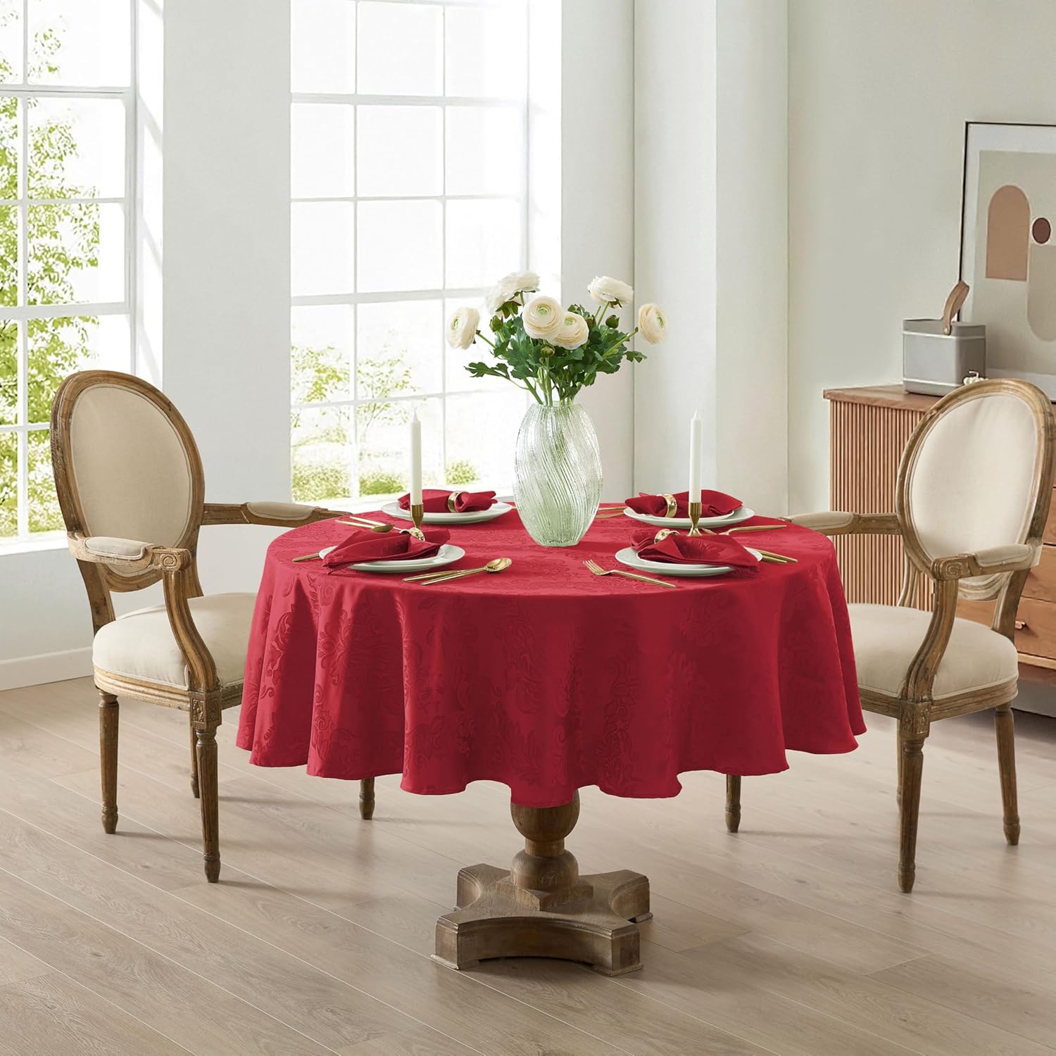 Newbridge Barcelona Damask Fabric Tablecloth, 90 Inch Round, Red – No Iron, Soil Resistant Table Cover for Dining, Parties and Holidays