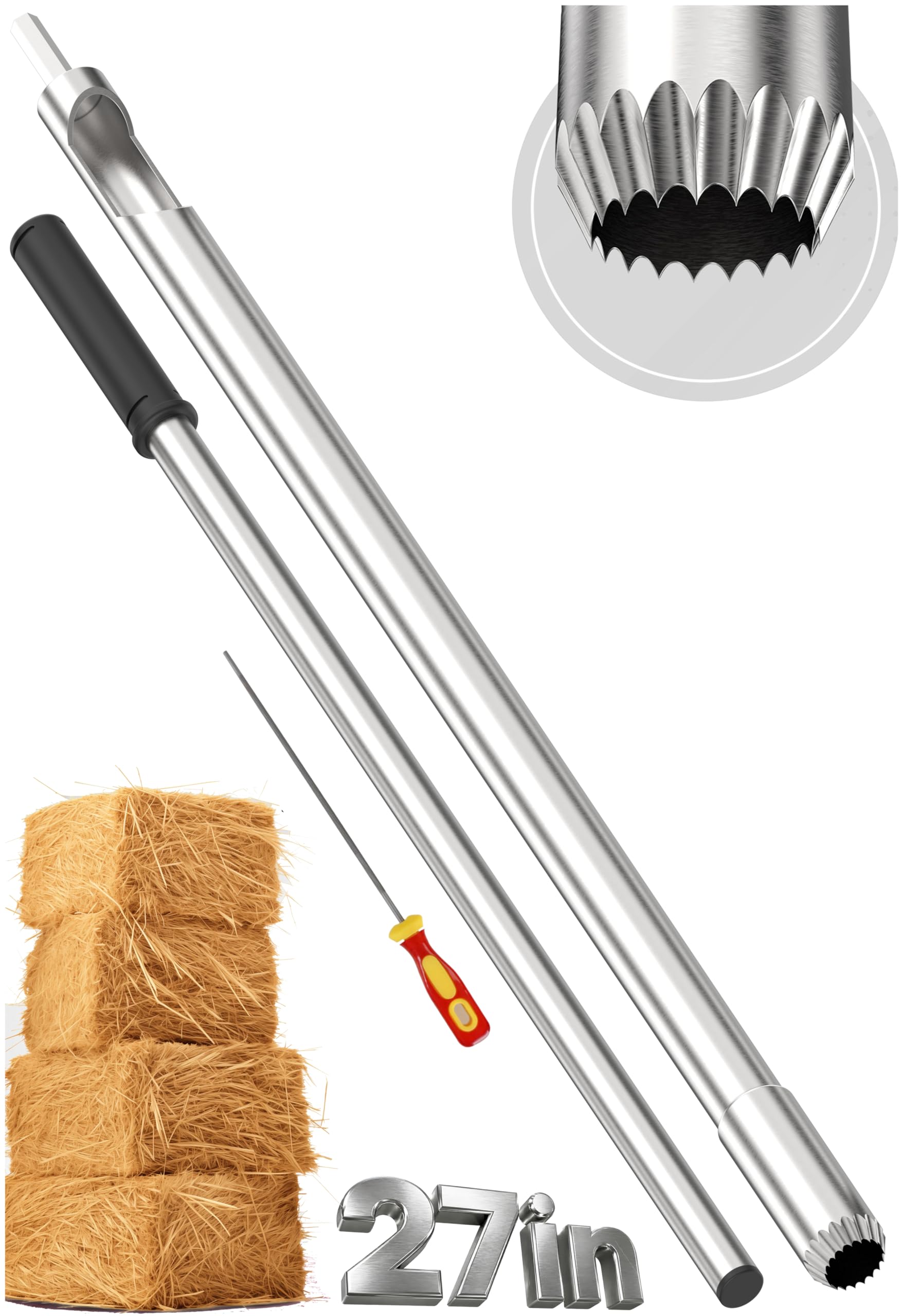 SturdyShape Hay Probe Bale Sampler For Drill 27 Inch With Serrated Tip Comes with Dowel and Metal File for Resharpening - Durable Stainless Steel (V2.1)