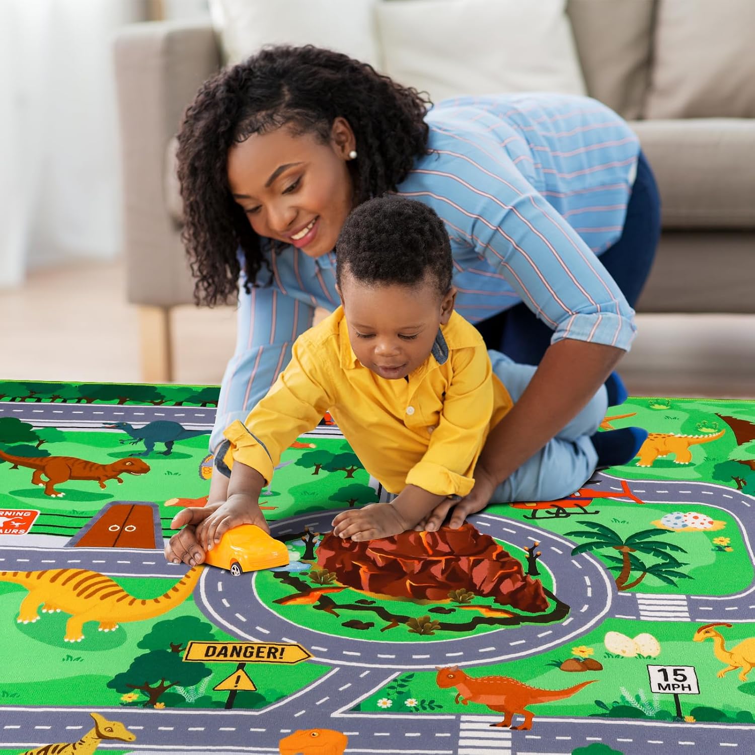 Car Rugs for Kids Toy Cars,59"X39.4" Car Mat for Kid Cars,Non Slip Dino Safari Car Rug Play Mat,Washable Dinosaur Race Track Kid Rugs for Playroom Bedroom Boys,Track Rug Car Play Carpet for Kids