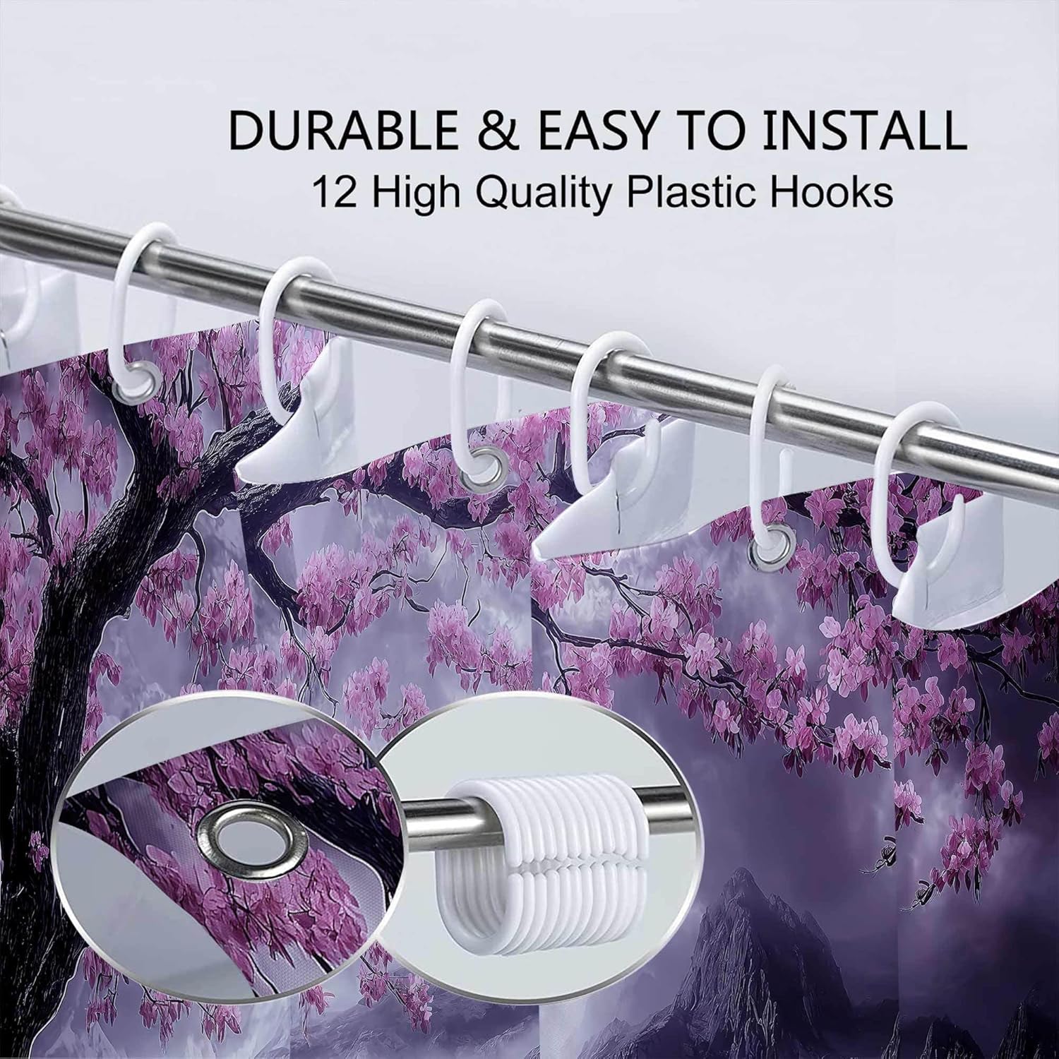 Cherry Blossom Shower Curtain, Pink Floral Mountain Asian Style for Bathroom Decor, Japanese Style Waterproof Polyester Fabric Shower Curtain Set with Hooks,72X72IN